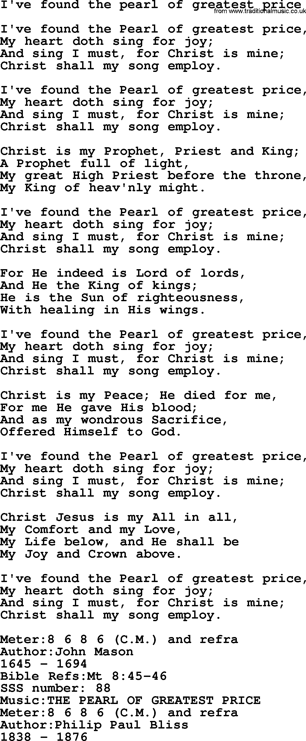 Sacred Songs and Solos complete, 1200 Hymns, title: I've Found The Pearl Of Greatest Price, lyrics and PDF