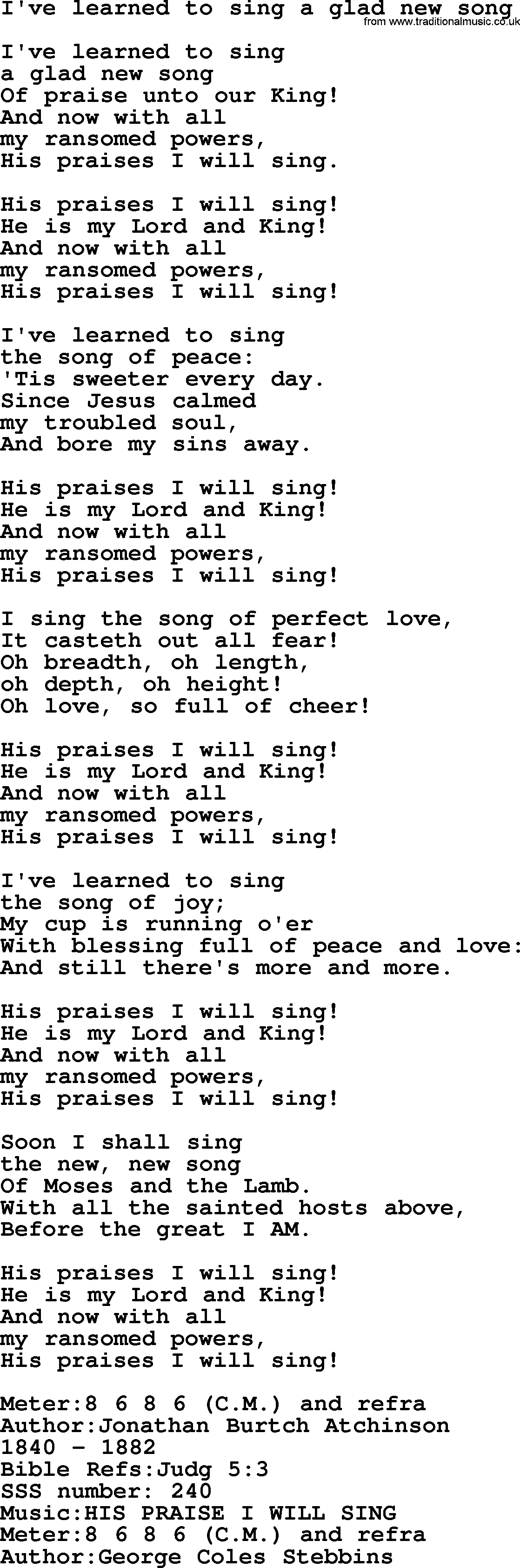 Sacred Songs and Solos complete, 1200 Hymns, title: I've Learned To Sing A Glad New Song, lyrics and PDF