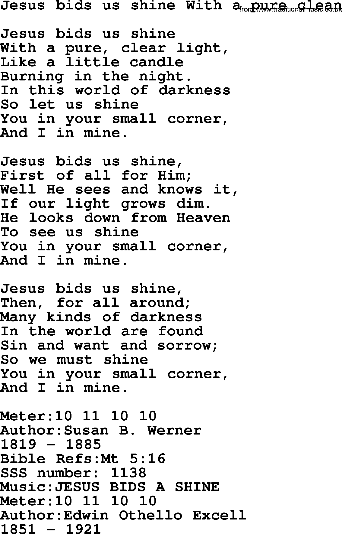 Sacred Songs and Solos complete, 1200 Hymns, title: Jesus Bids Us Shine With A Pure Clean, lyrics and PDF