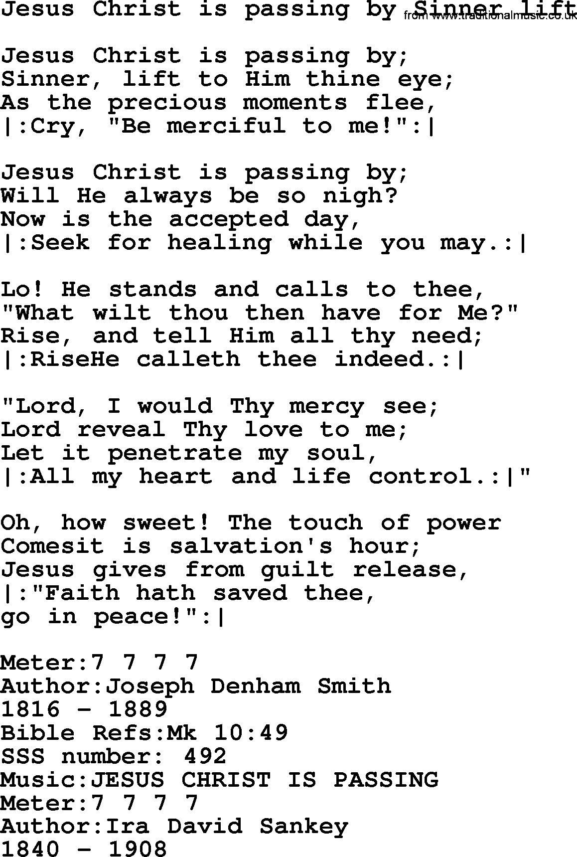 Sacred Songs and Solos complete, 1200 Hymns, title: Jesus Christ Is Passing By Sinner Lift, lyrics and PDF