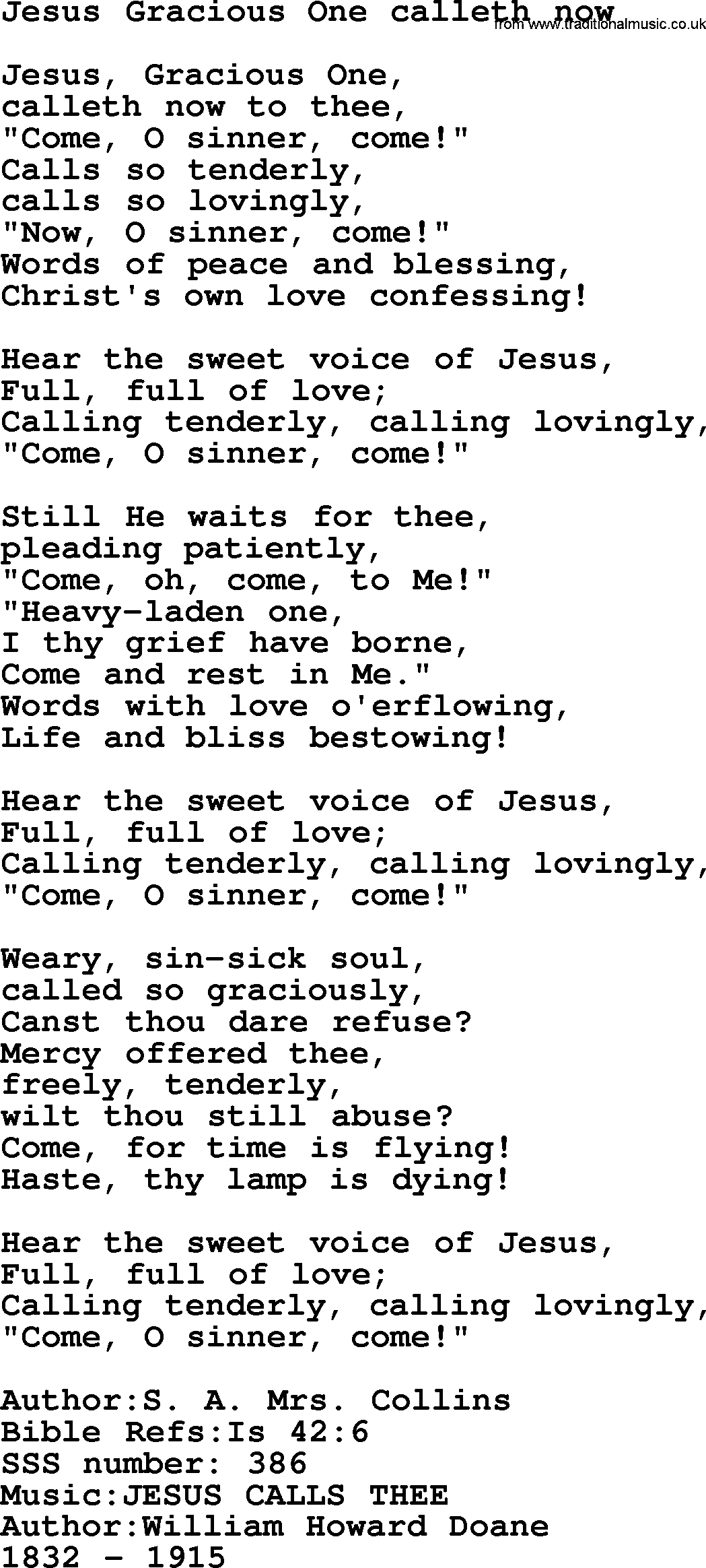 Sacred Songs and Solos complete, 1200 Hymns, title: Jesus Gracious One Calleth Now, lyrics and PDF