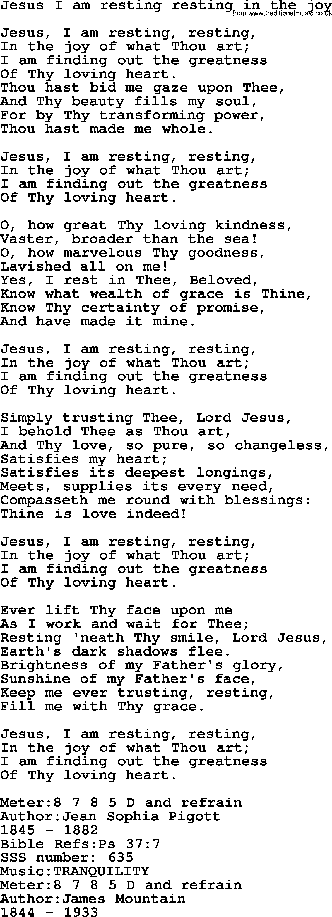 Sacred Songs and Solos complete, 1200 Hymns, title: Jesus I Am Resting Resting In The Joy, lyrics and PDF