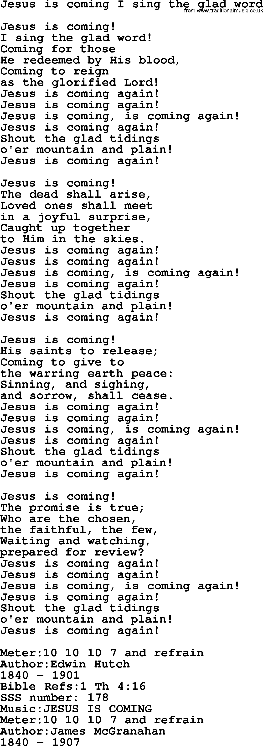 Sacred Songs and Solos complete, 1200 Hymns, title: Jesus Is Coming I Sing The Glad Word, lyrics and PDF