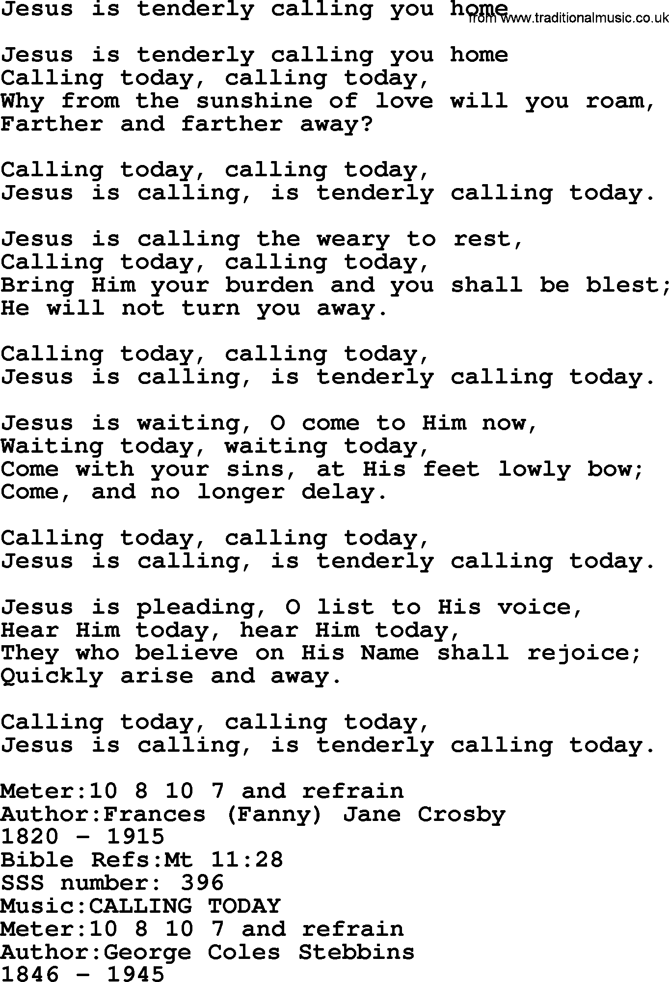 Sacred Songs and Solos complete, 1200 Hymns, title: Jesus Is Tenderly Calling You Home, lyrics and PDF