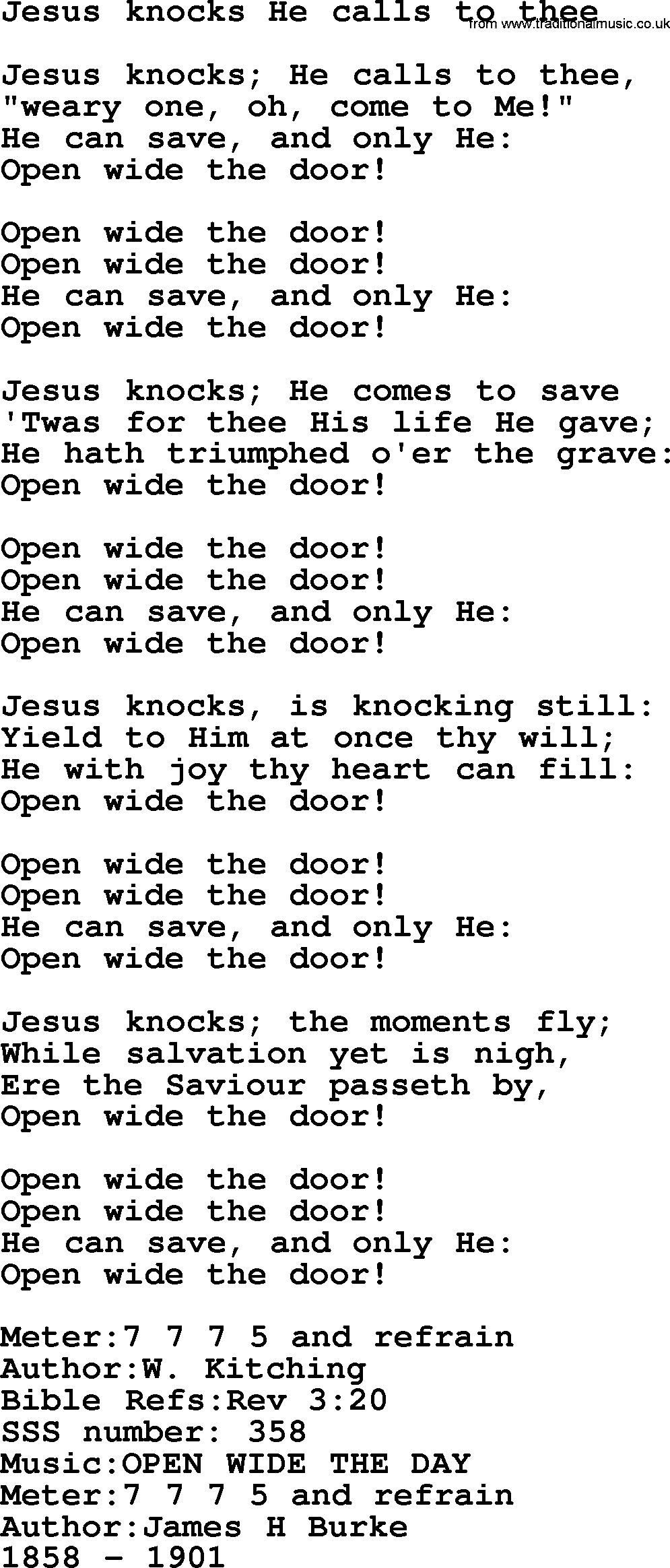 Sacred Songs and Solos complete, 1200 Hymns, title: Jesus Knocks He Calls To Thee, lyrics and PDF