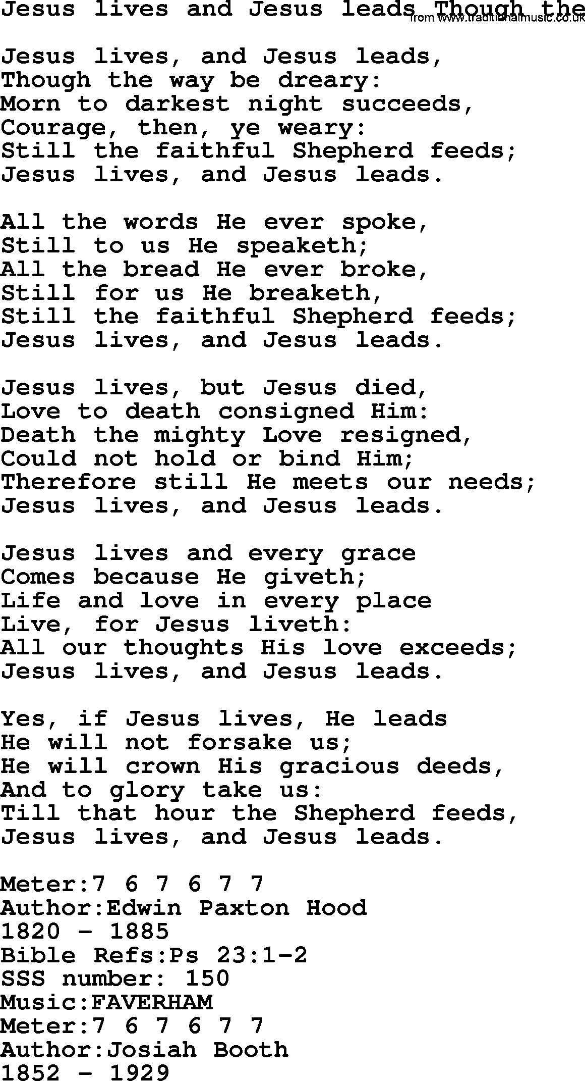 Sacred Songs and Solos complete, 1200 Hymns, title: Jesus Lives And Jesus Leads Though The, lyrics and PDF