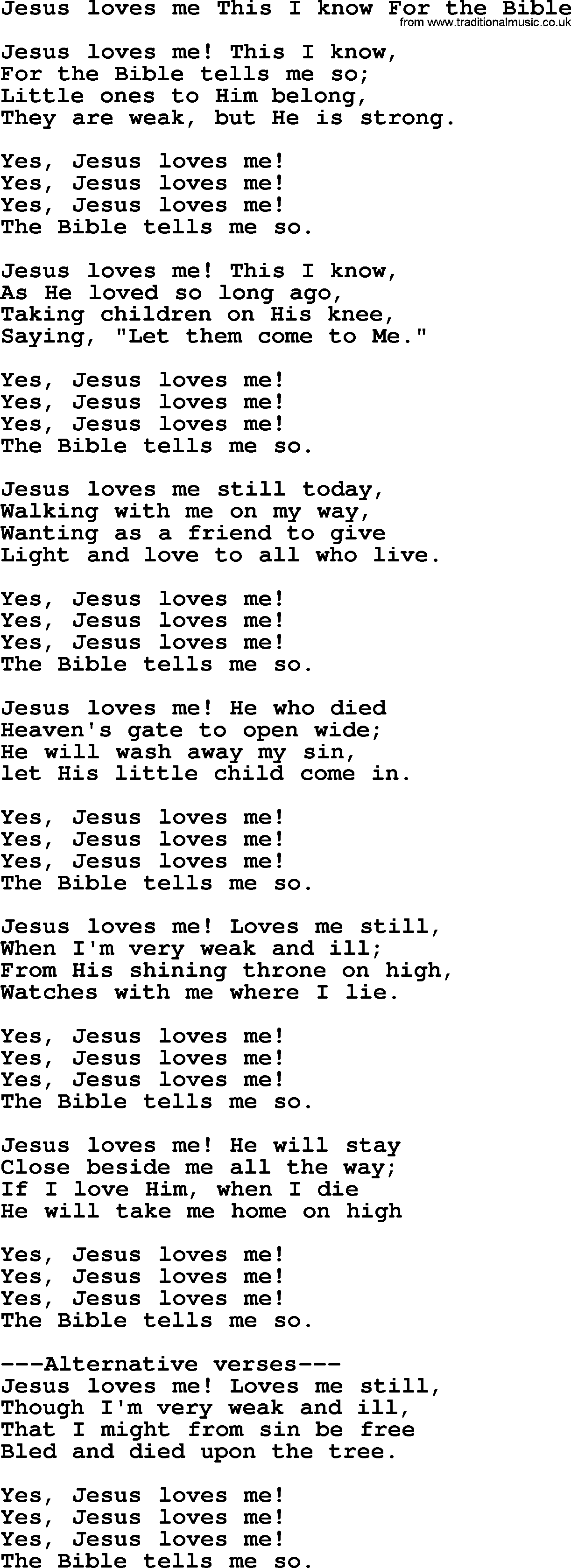 Sacred Songs and Solos complete, 1200 Hymns, title: Jesus Loves Me This I Know For The Bible, lyrics and PDF