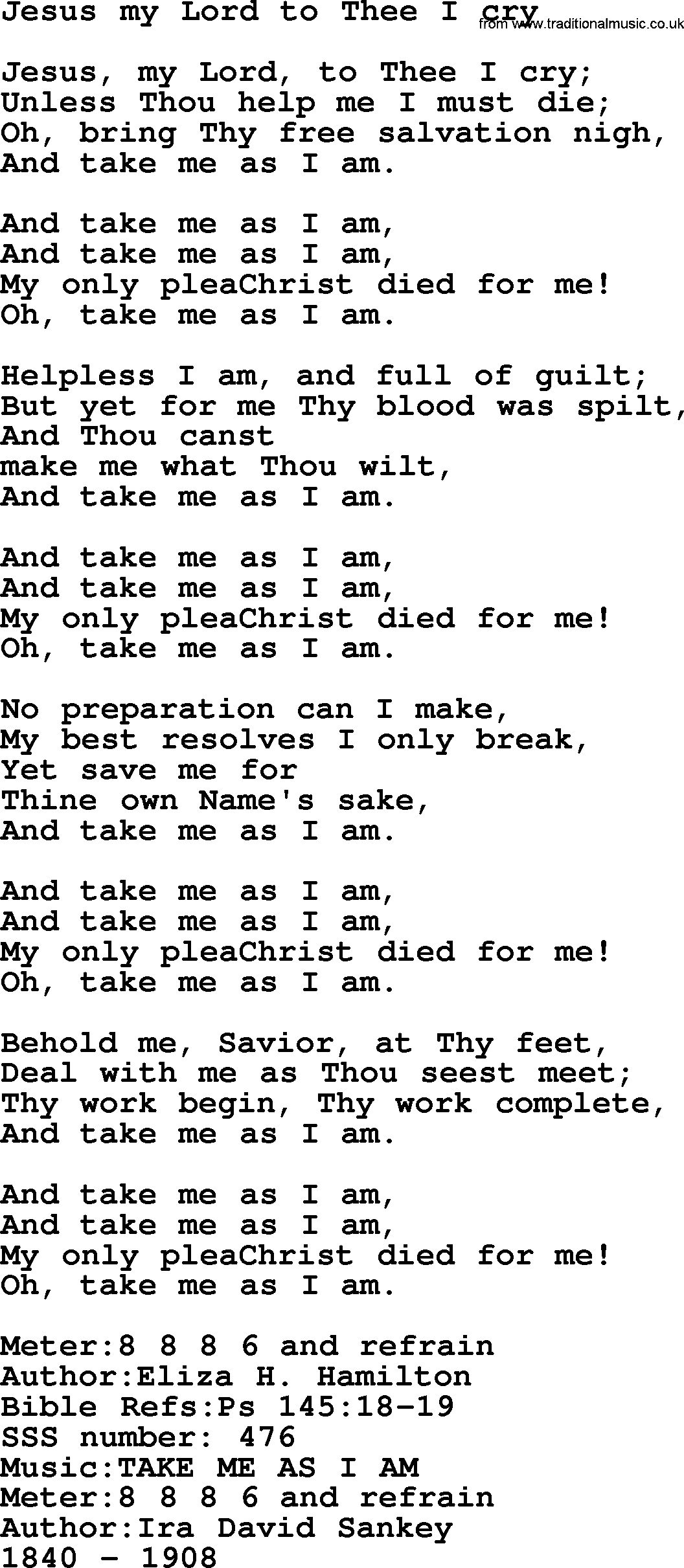 Sacred Songs and Solos complete, 1200 Hymns, title: Jesus My Lord To Thee I Cry, lyrics and PDF