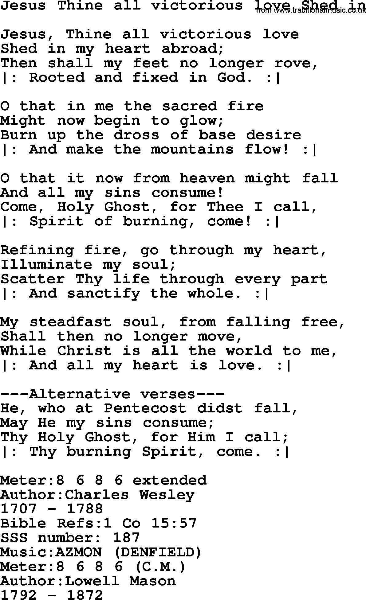 Sacred Songs and Solos complete, 1200 Hymns, title: Jesus Thine All Victorious Love Shed In, lyrics and PDF