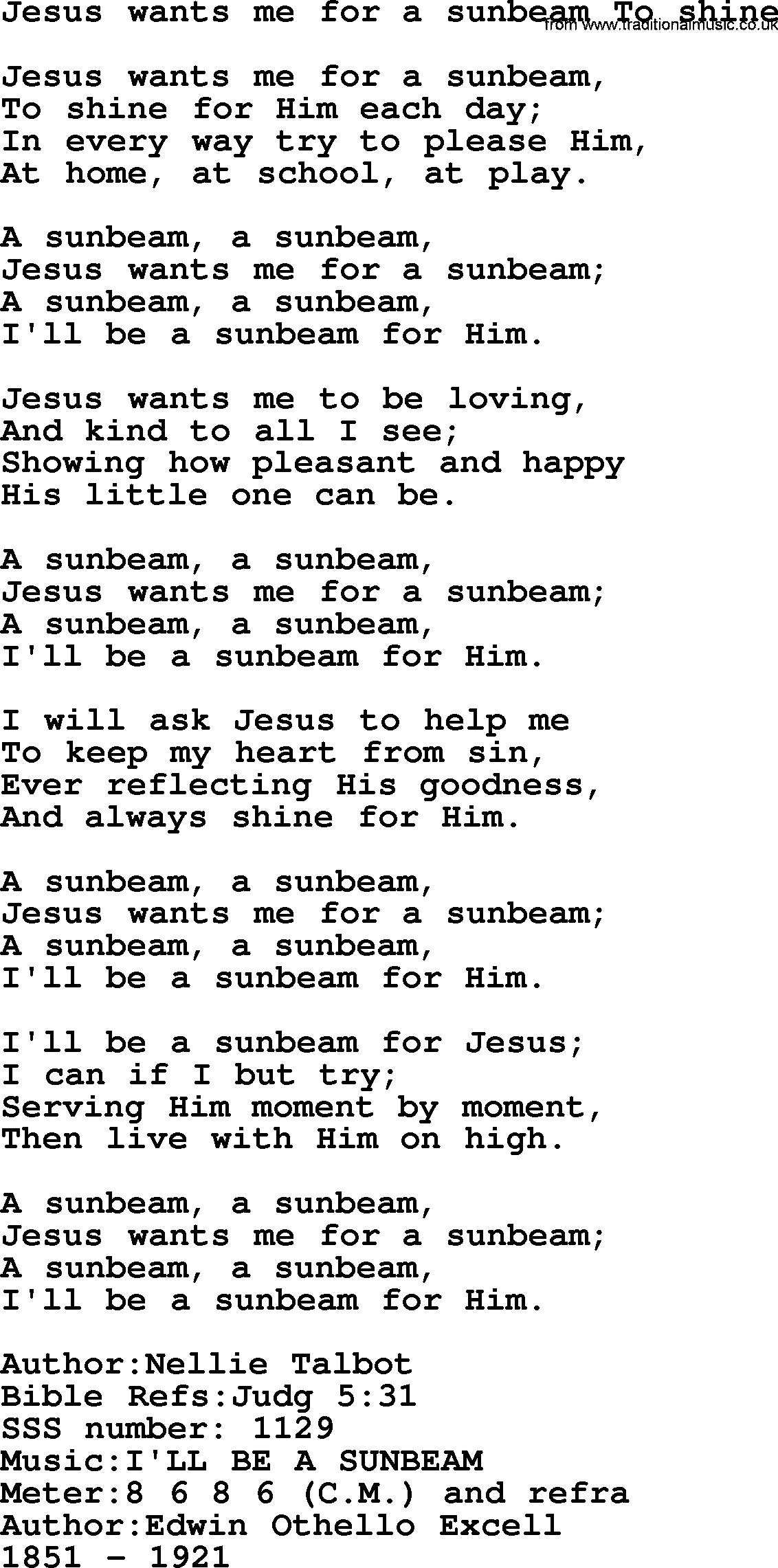 Sacred Songs and Solos complete, 1200 Hymns, title: Jesus Wants Me For A Sunbeam To Shine, lyrics and PDF