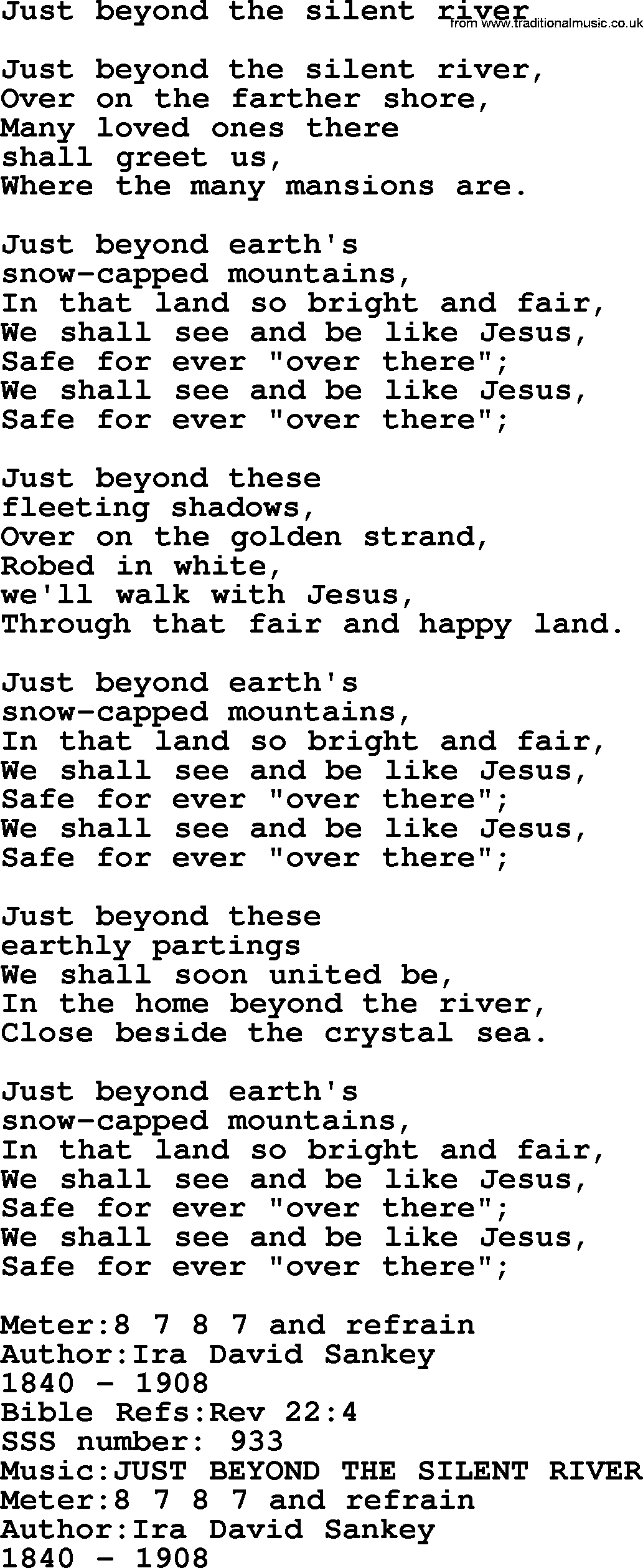 Sacred Songs and Solos complete, 1200 Hymns, title: Just Beyond The Silent River, lyrics and PDF