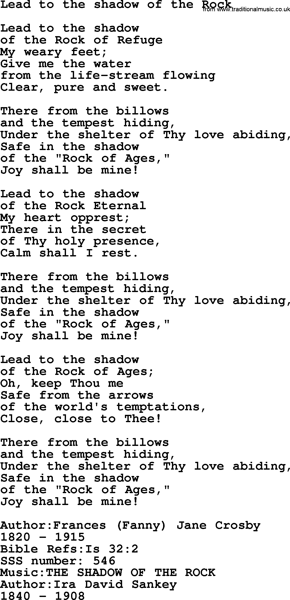 Sacred Songs and Solos complete, 1200 Hymns, title: Lead To The Shadow Of The Rock, lyrics and PDF