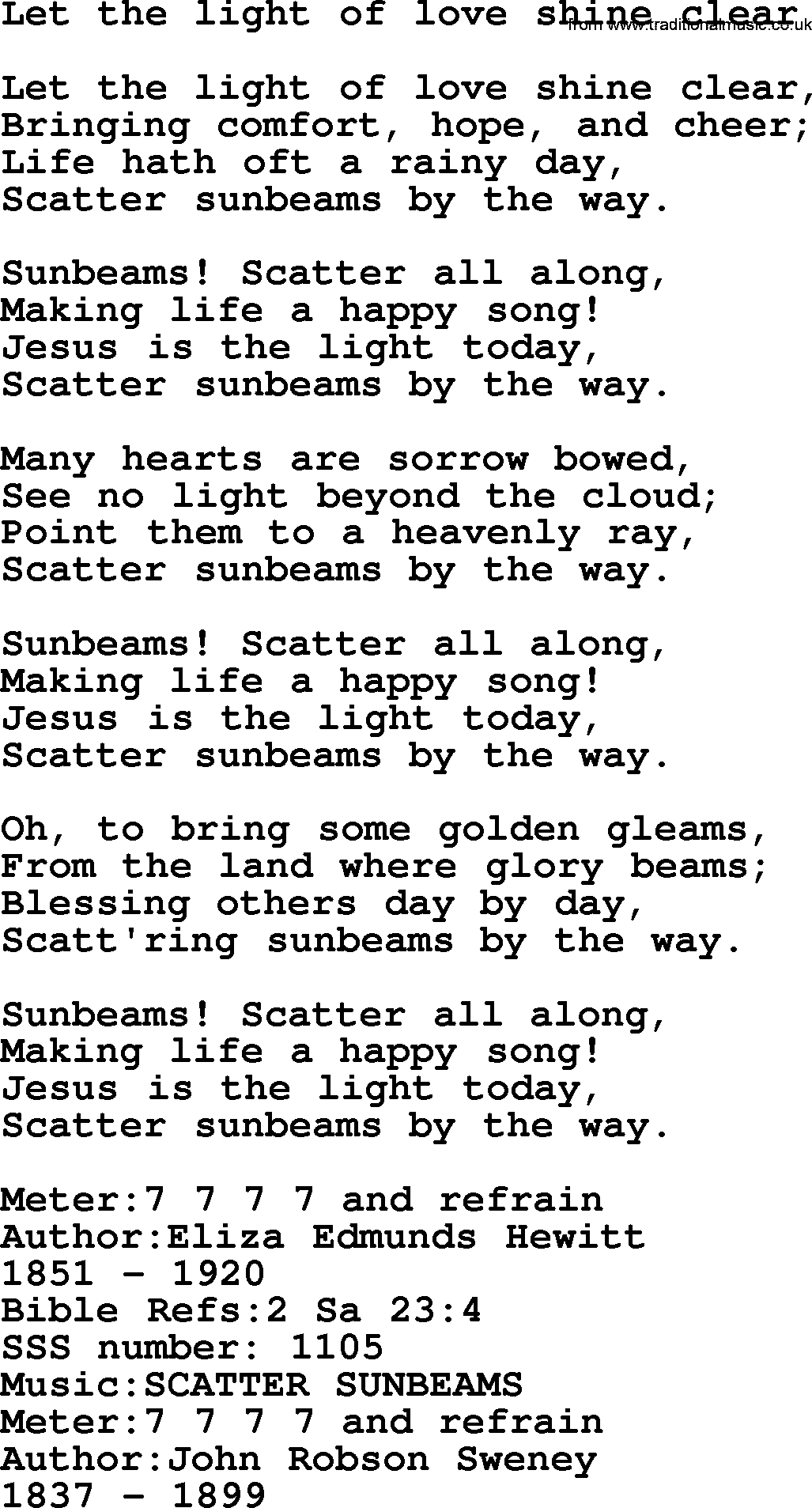 Sacred Songs and Solos complete, 1200 Hymns, title: Let The Light Of Love Shine Clear, lyrics and PDF