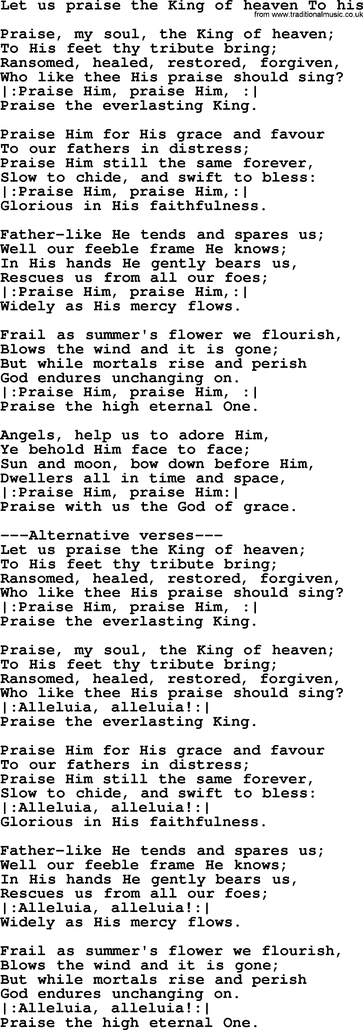 Sacred Songs and Solos complete, 1200 Hymns, title: Let Us Praise The King Of Heaven To His, lyrics and PDF