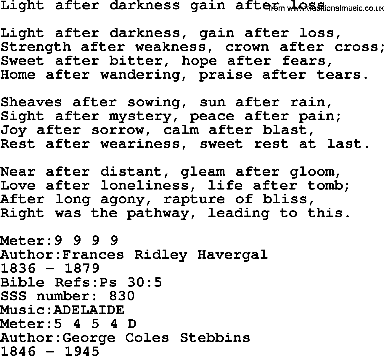 Sacred Songs and Solos complete, 1200 Hymns, title: Light After Darkness Gain After Loss, lyrics and PDF