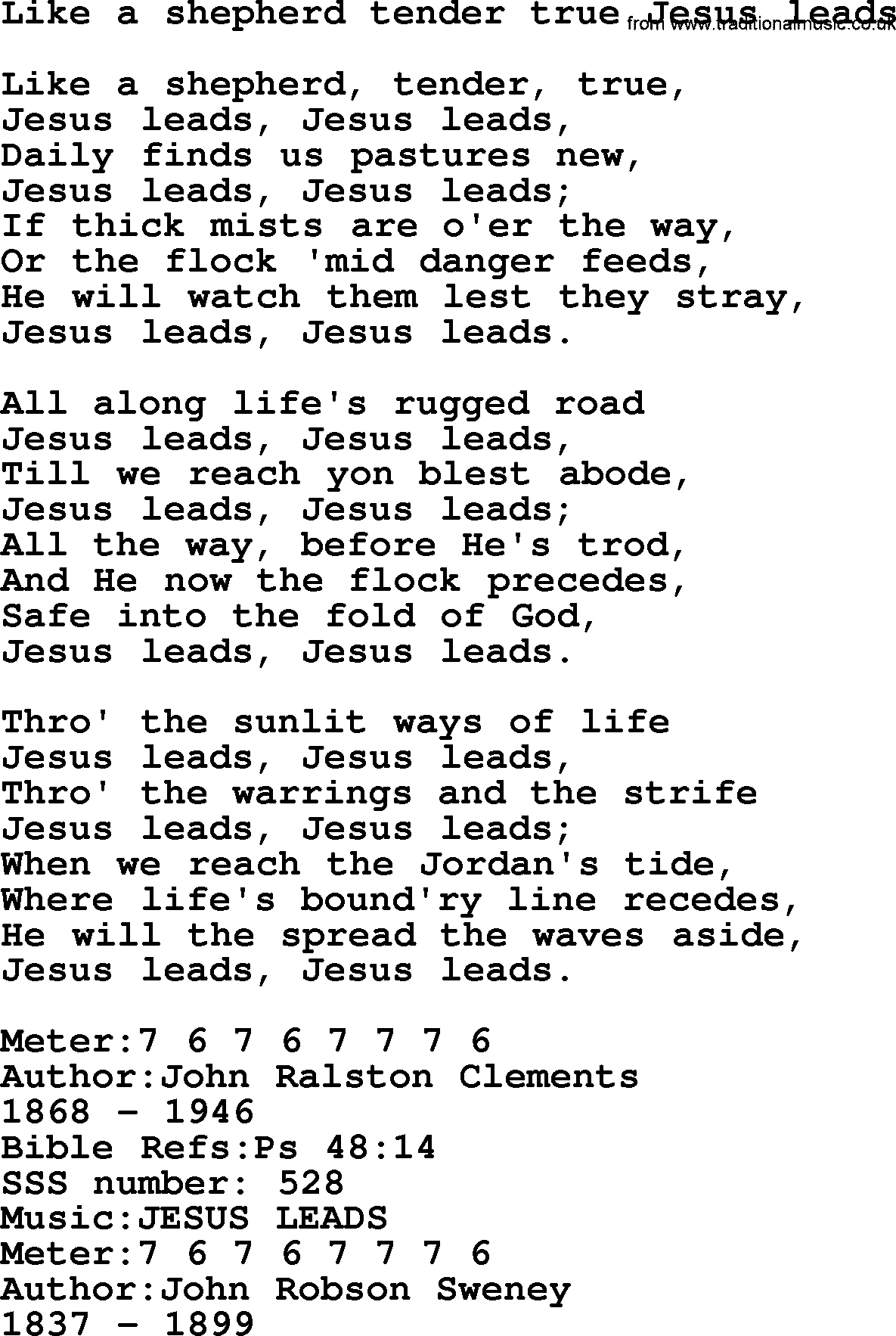 Sacred Songs and Solos complete, 1200 Hymns, title: Like A Shepherd Tender True Jesus Leads, lyrics and PDF