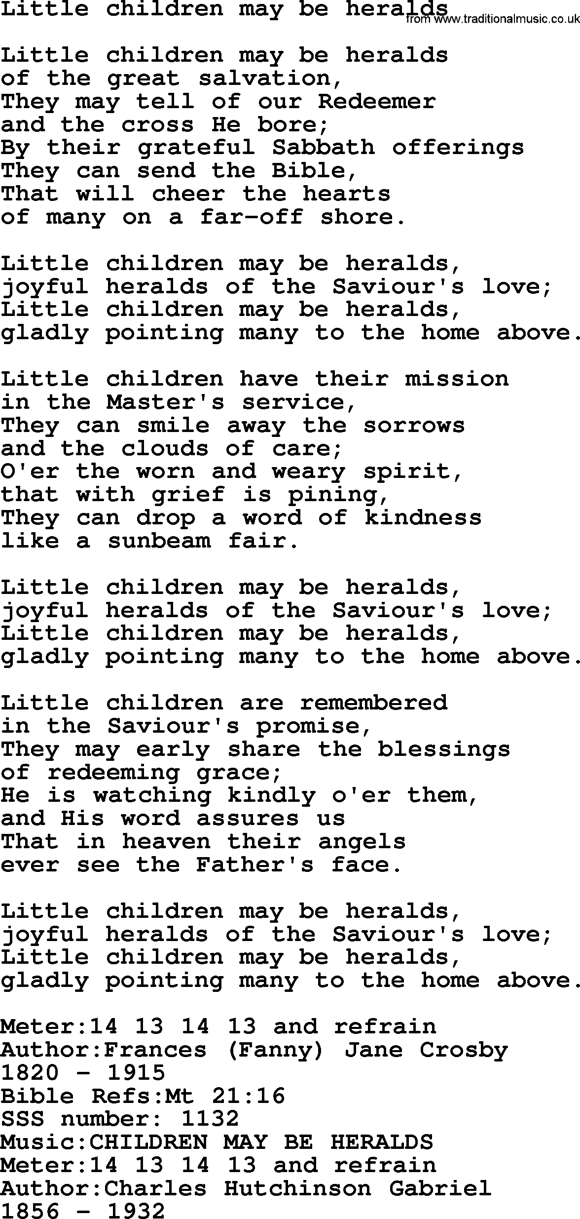 Sacred Songs and Solos complete, 1200 Hymns, title: Little Children May Be Heralds, lyrics and PDF