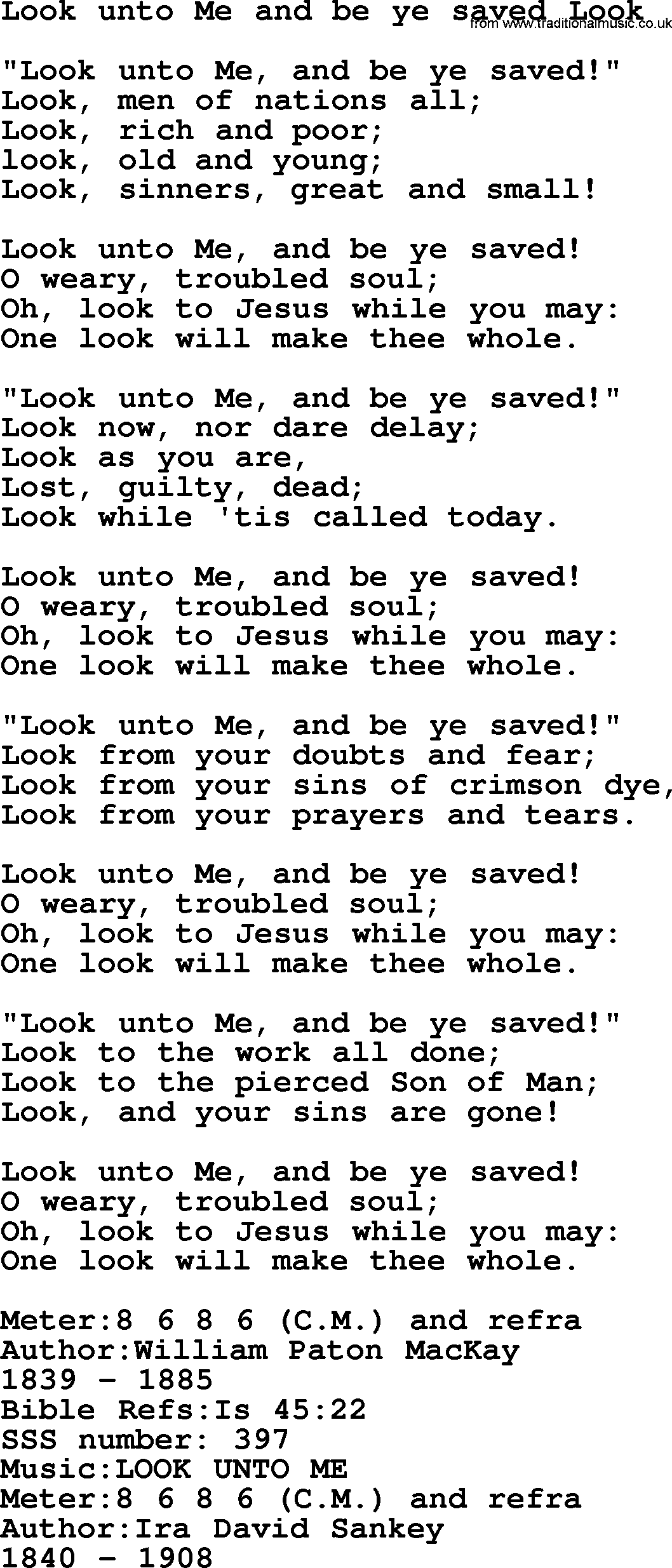 Sacred Songs and Solos complete, 1200 Hymns, title: Look Unto Me And Be Ye Saved Look, lyrics and PDF