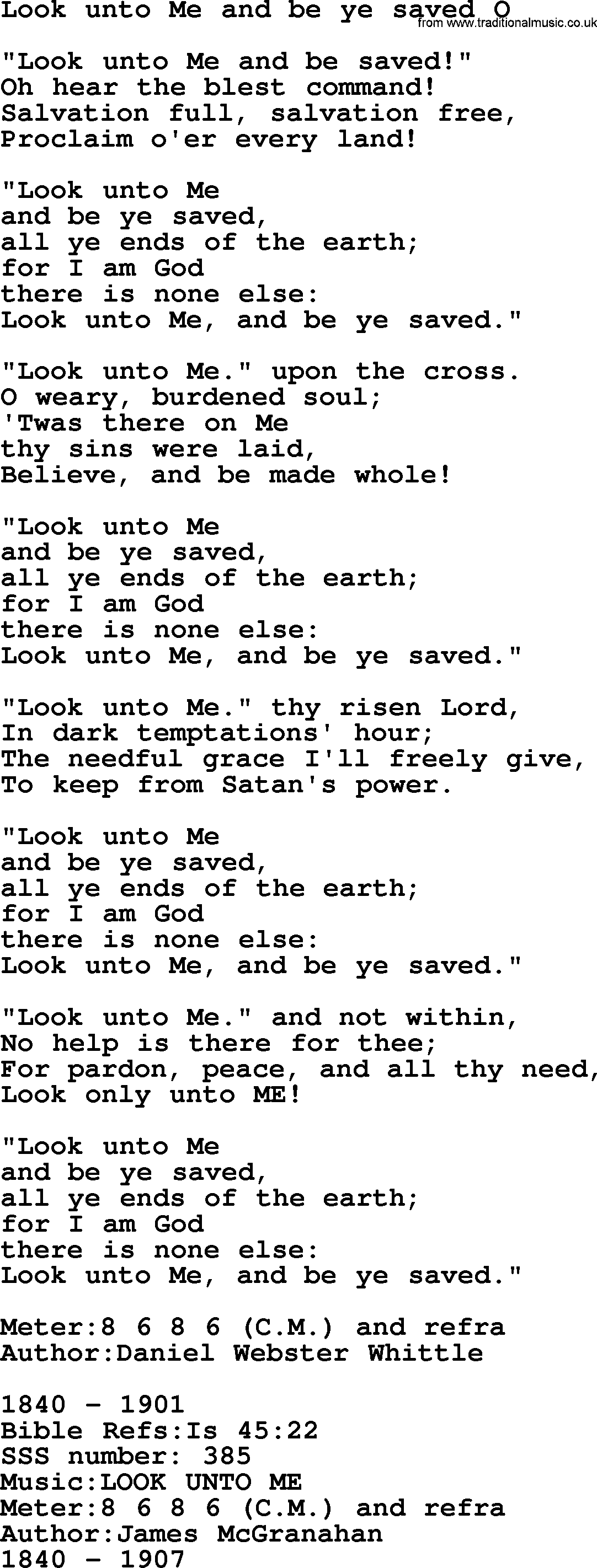 Sacred Songs and Solos complete, 1200 Hymns, title: Look Unto Me And Be Ye Saved O, lyrics and PDF