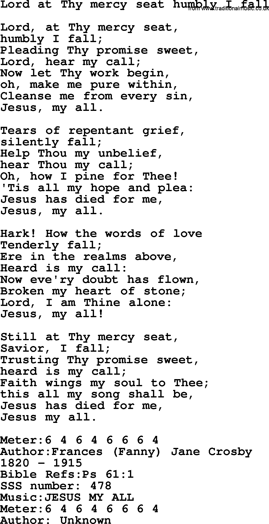 Sacred Songs and Solos complete, 1200 Hymns, title: Lord At Thy Mercy Seat Humbly I Fall, lyrics and PDF