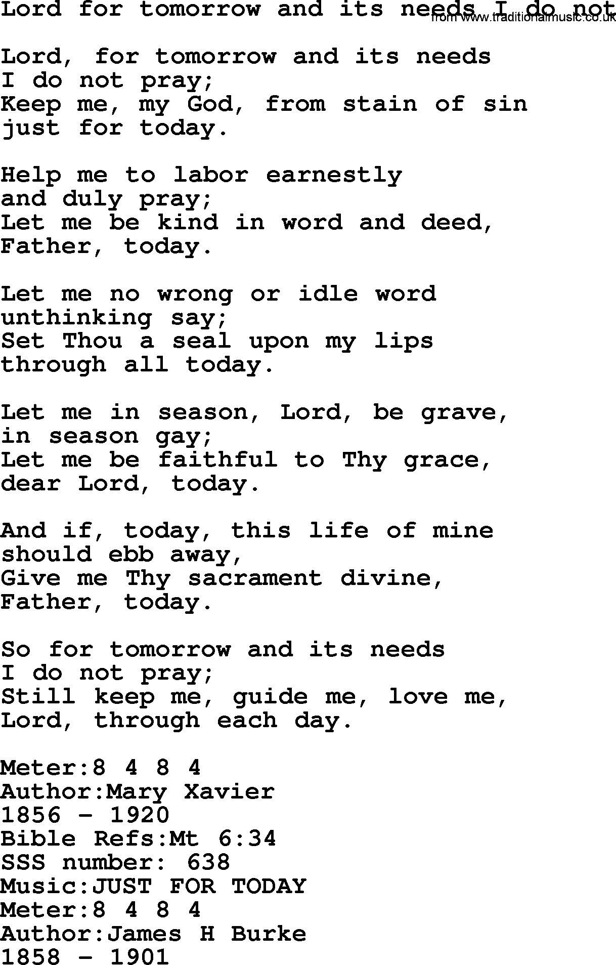 Sacred Songs and Solos complete, 1200 Hymns, title: Lord For Tomorrow And Its Needs I Do Not, lyrics and PDF