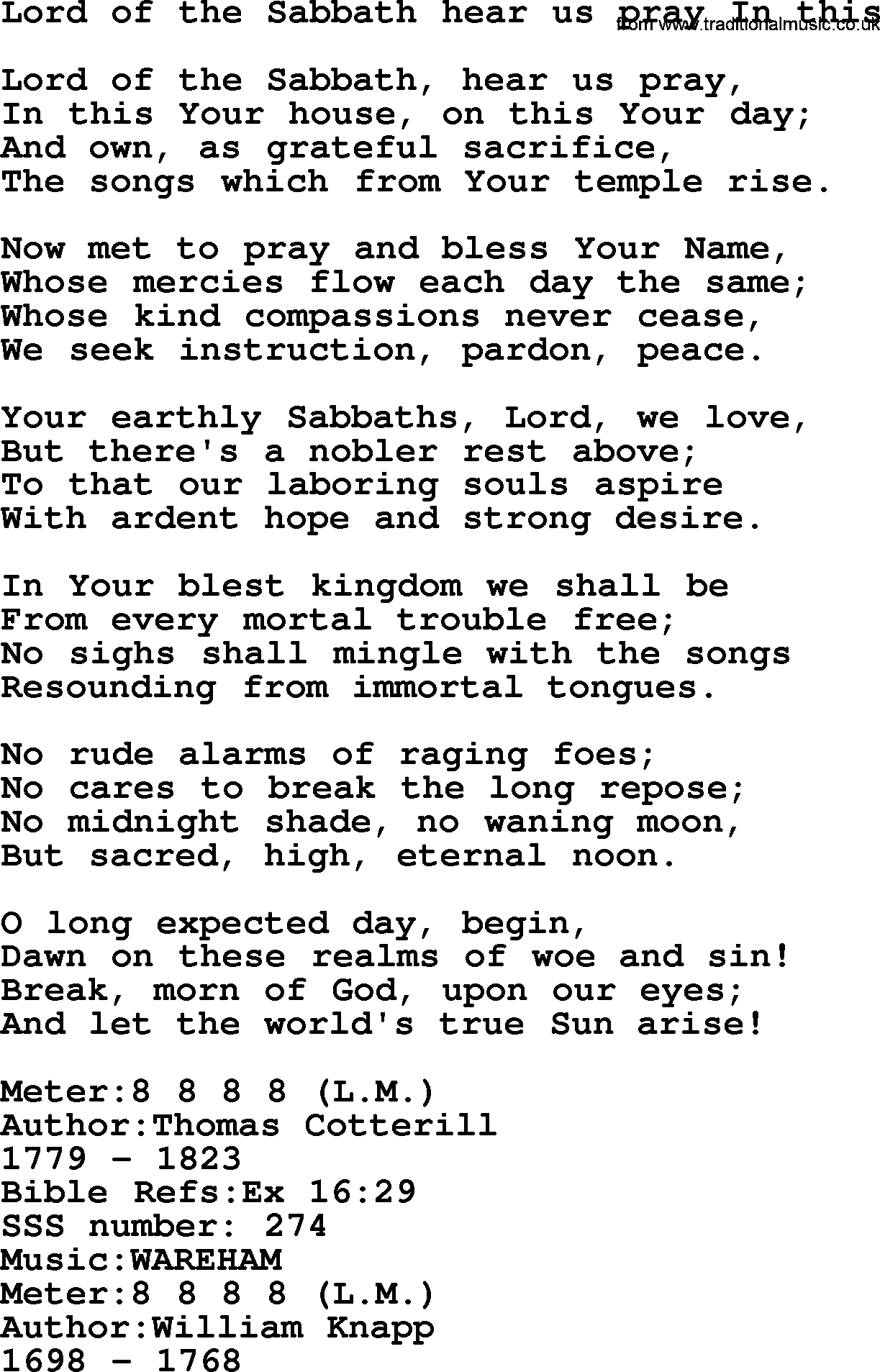 Sacred Songs and Solos complete, 1200 Hymns, title: Lord Of The Sabbath Hear Us Pray In This, lyrics and PDF
