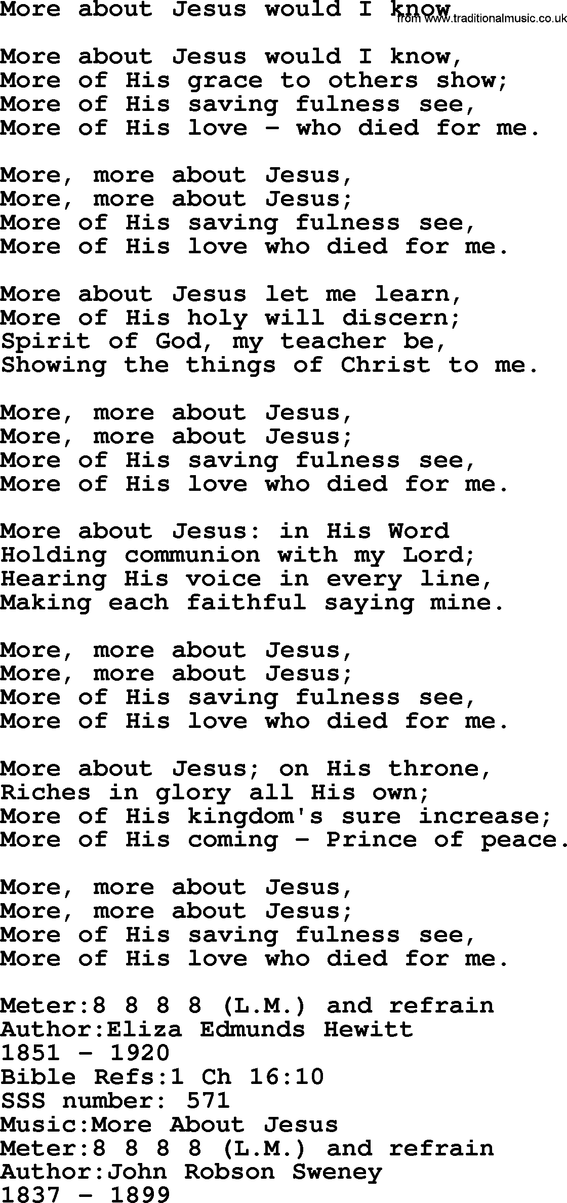Sacred Songs and Solos complete, 1200 Hymns, title: More About Jesus Would I Know, lyrics and PDF