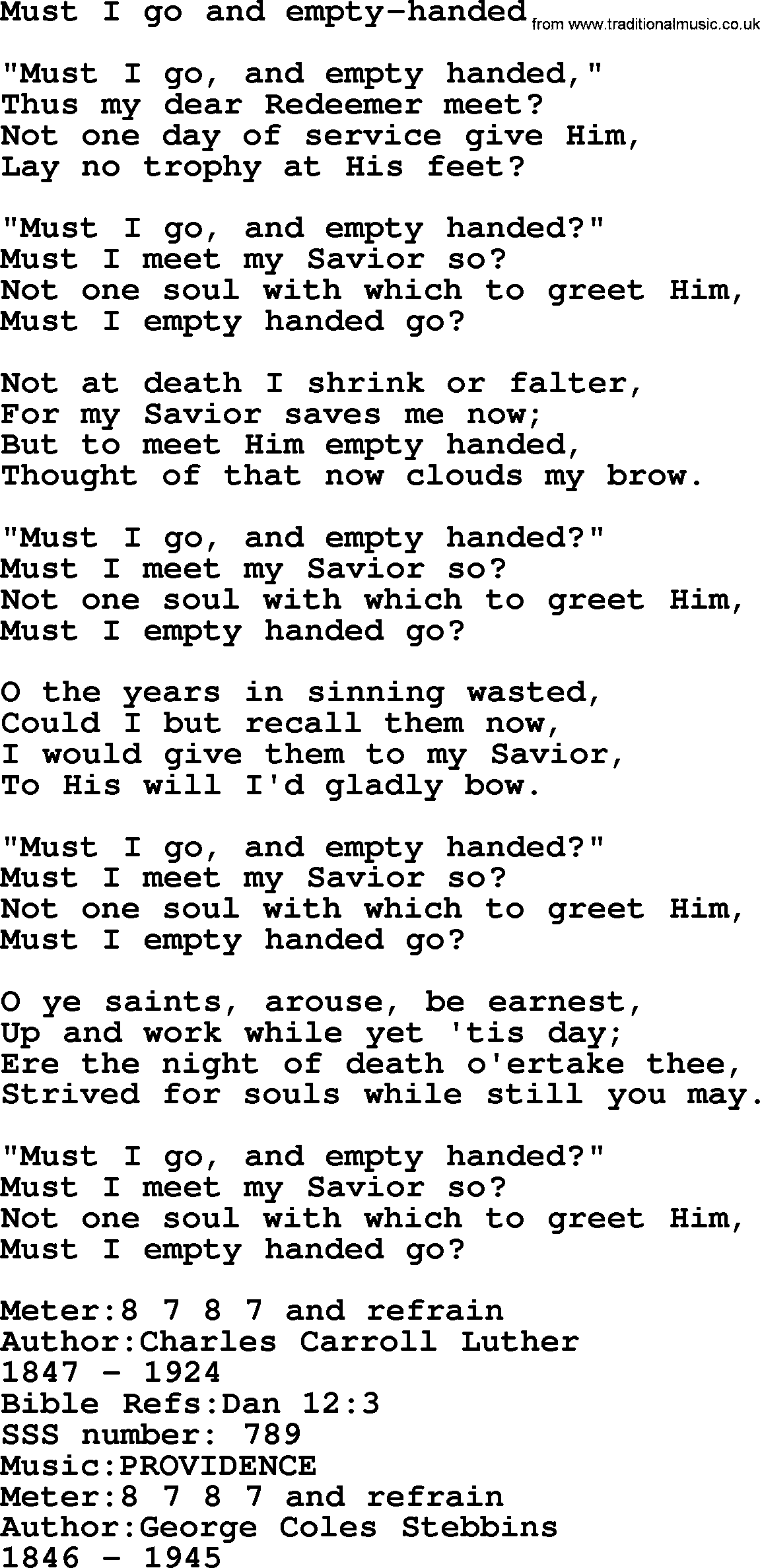 Sacred Songs and Solos complete, 1200 Hymns, title: Must I Go And Empty-Handed, lyrics and PDF