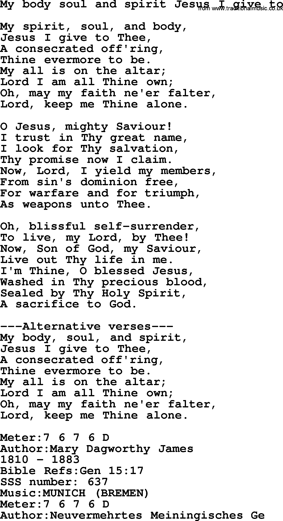 Sacred Songs and Solos complete, 1200 Hymns, title: My Body Soul And Spirit Jesus I Give To, lyrics and PDF