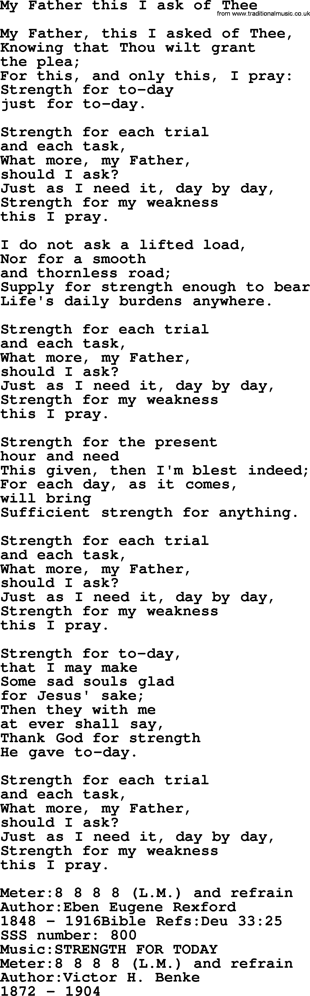 Sacred Songs and Solos complete, 1200 Hymns, title: My Father This I Ask Of Thee, lyrics and PDF
