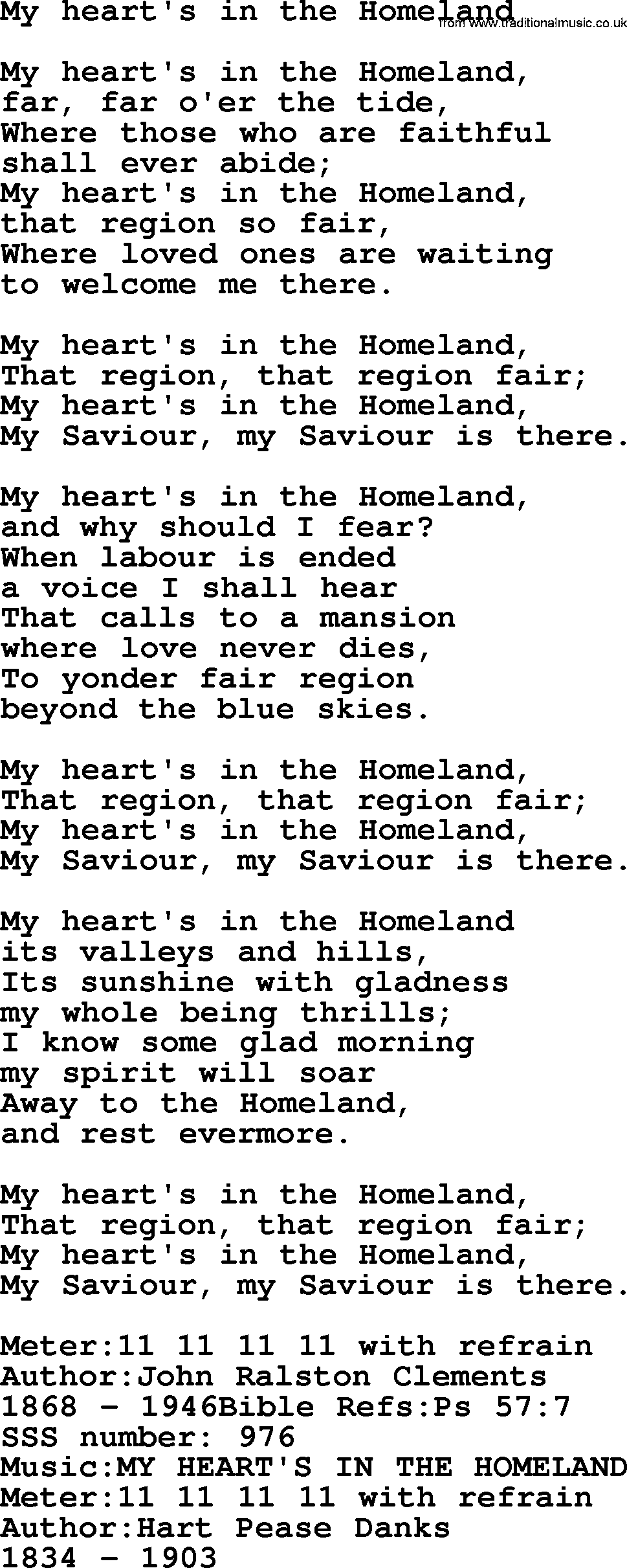 Sacred Songs and Solos complete, 1200 Hymns, title: My Heart's In The Homeland, lyrics and PDF