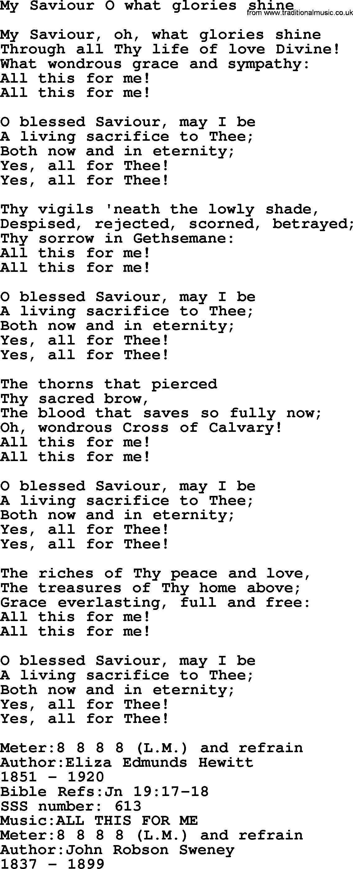 Sacred Songs and Solos complete, 1200 Hymns, title: My Saviour O What Glories Shine, lyrics and PDF