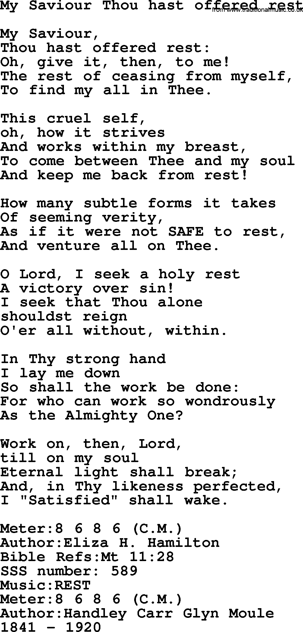 Sacred Songs and Solos complete, 1200 Hymns, title: My Saviour Thou Hast Offered Rest, lyrics and PDF