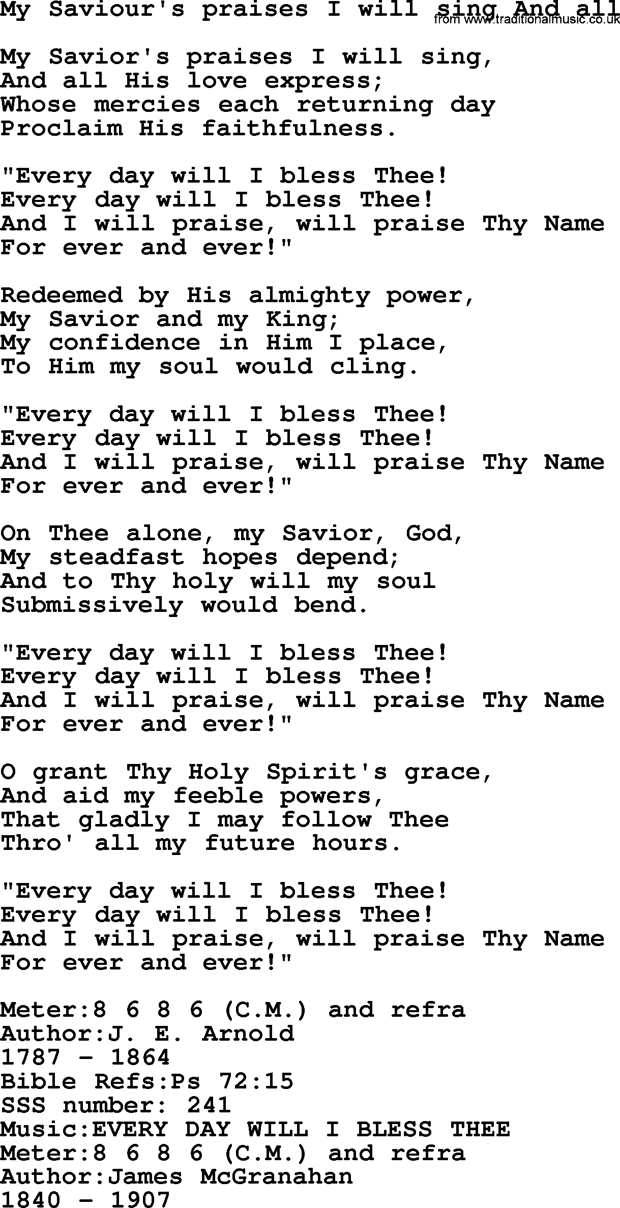 Sacred Songs and Solos complete, 1200 Hymns, title: My Saviour's Praises I Will Sing And All, lyrics and PDF
