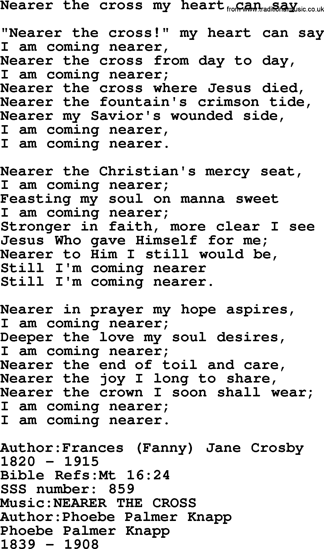 Sacred Songs and Solos complete, 1200 Hymns, title: Nearer The Cross My Heart Can Say, lyrics and PDF