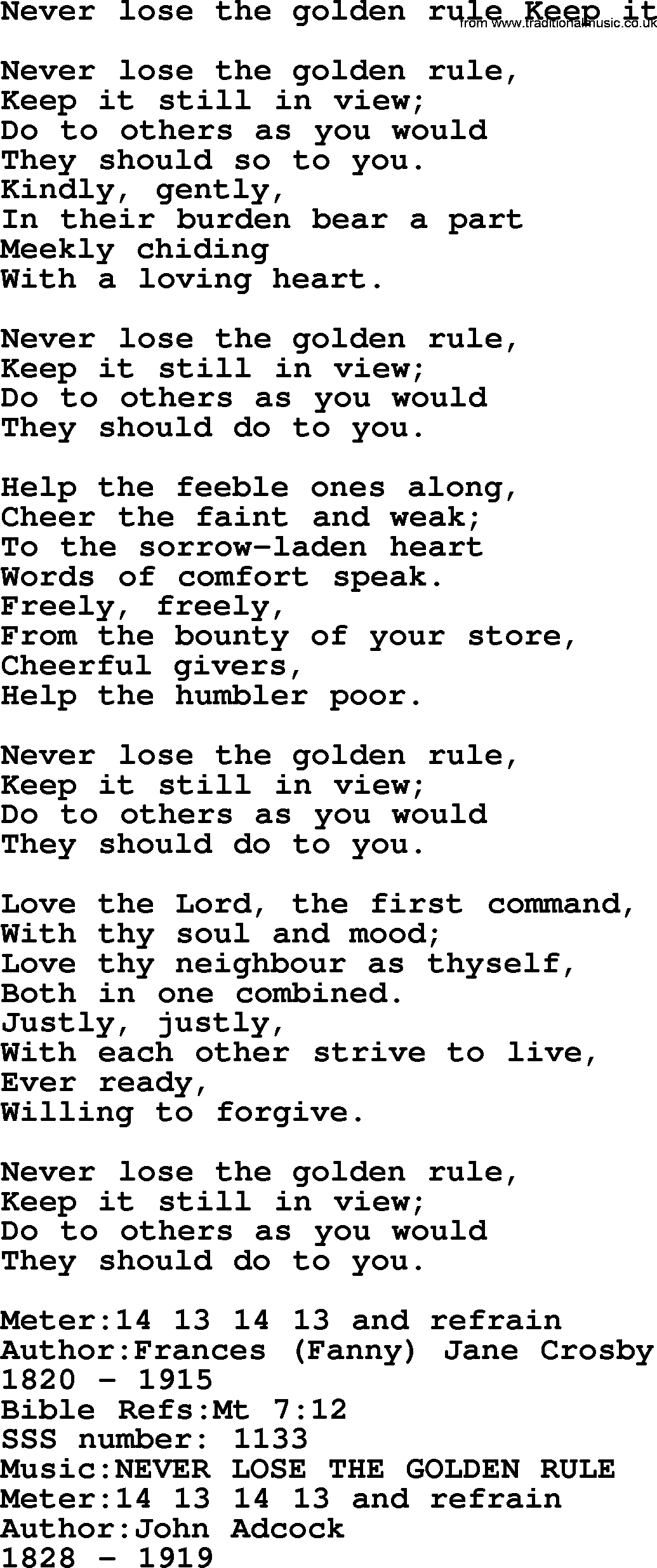 Sacred Songs and Solos complete, 1200 Hymns, title: Never Lose The Golden Rule Keep It, lyrics and PDF