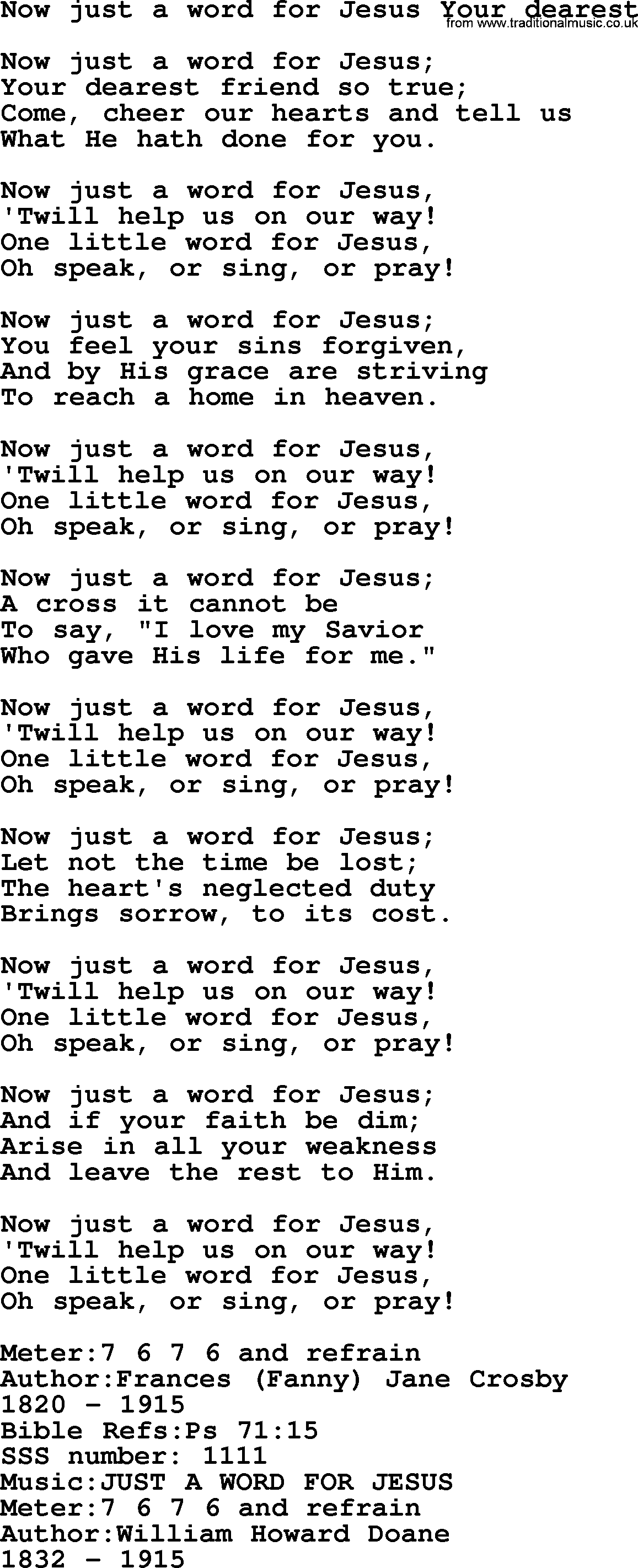 Sacred Songs and Solos complete, 1200 Hymns, title: Now Just A Word For Jesus Your Dearest, lyrics and PDF