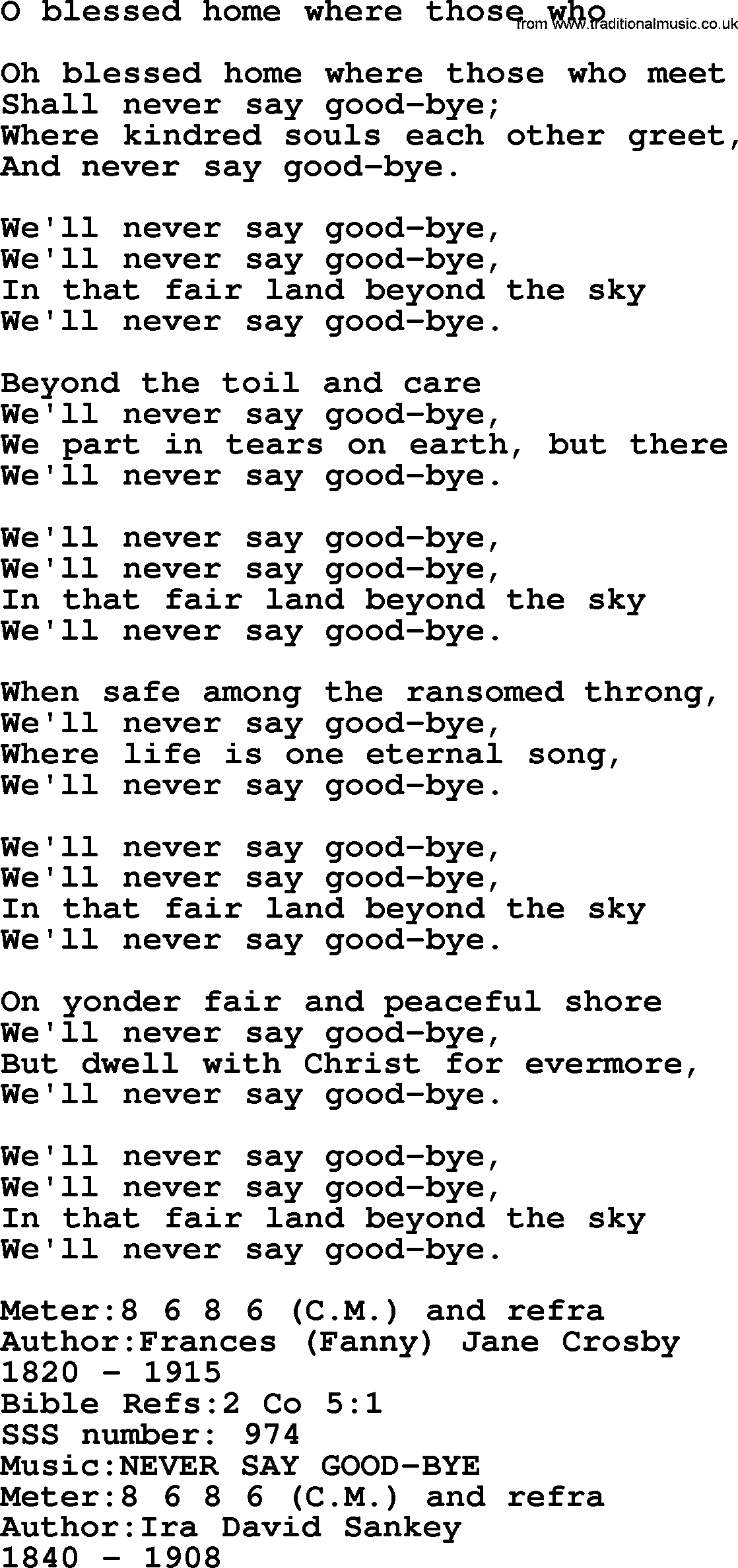 Sacred Songs and Solos complete, 1200 Hymns, title: O Blessed Home Where Those Who, lyrics and PDF