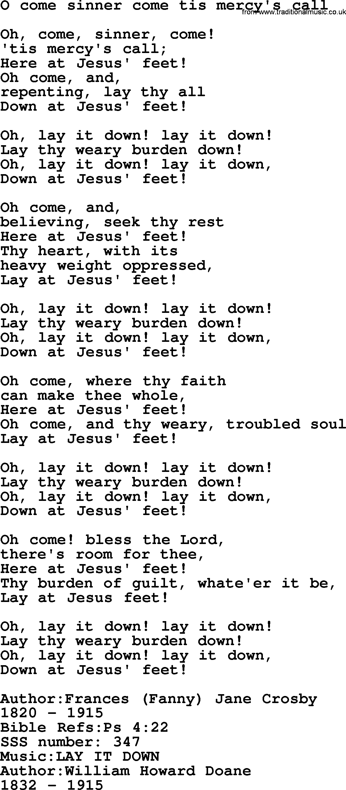 Sacred Songs and Solos complete, 1200 Hymns, title: O Come Sinner Come Tis Mercy's Call, lyrics and PDF