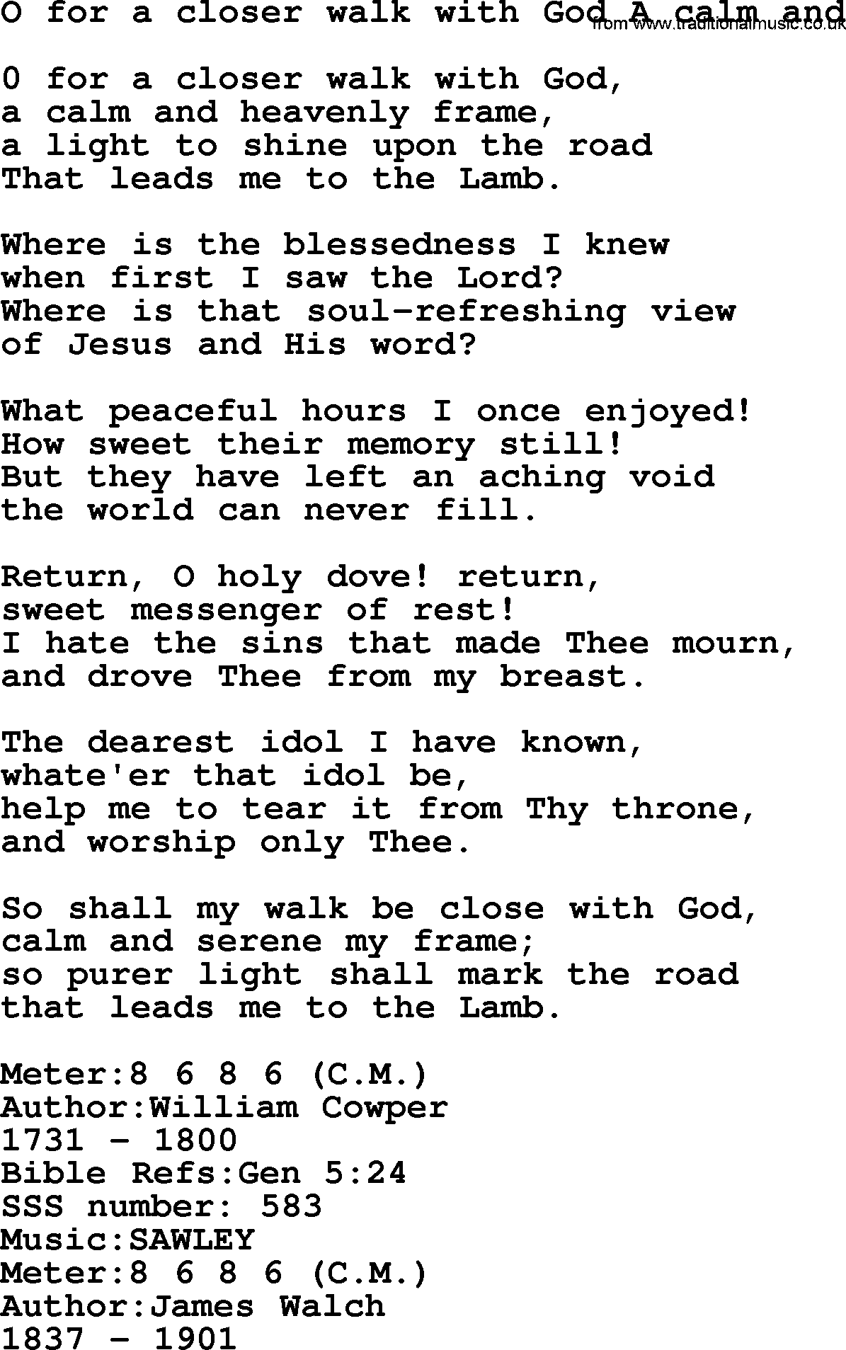 Sacred Songs and Solos complete, 1200 Hymns, title: O For A Closer Walk With God A Calm And, lyrics and PDF