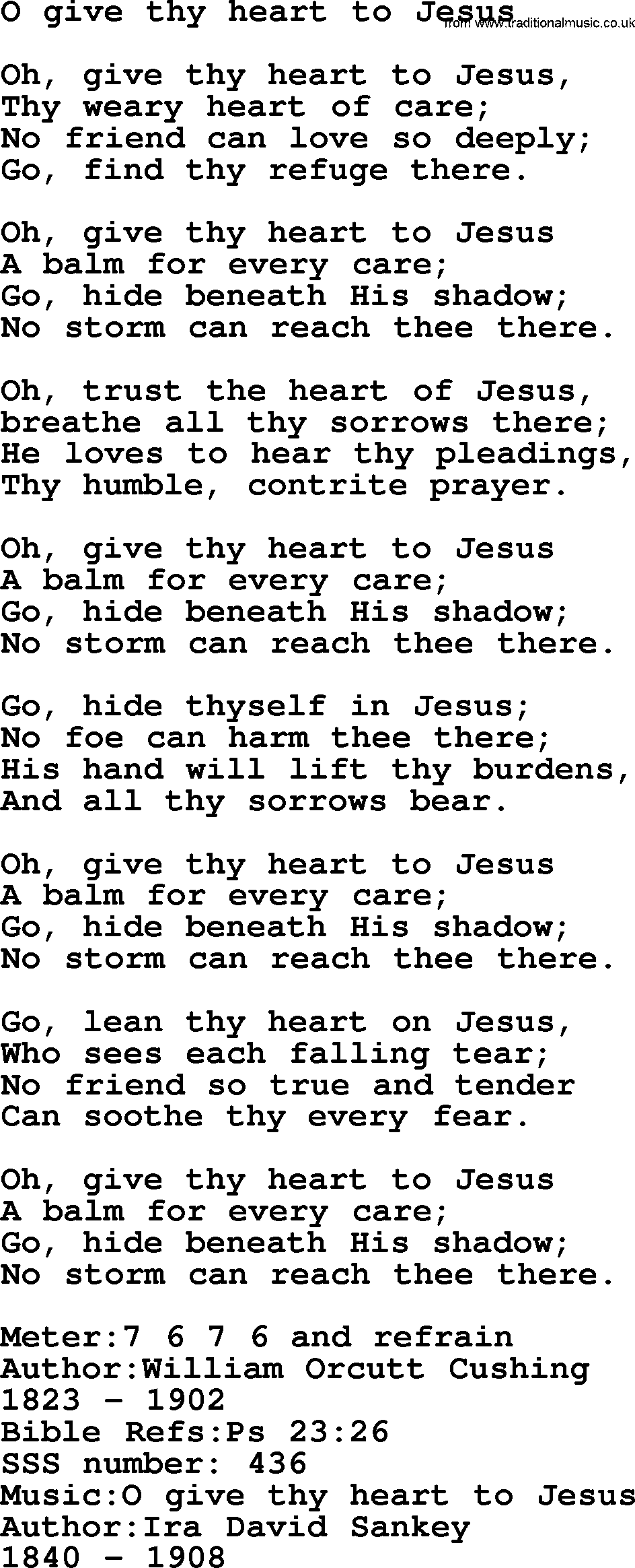 Sacred Songs and Solos complete, 1200 Hymns, title: O Give Thy Heart To Jesus, lyrics and PDF