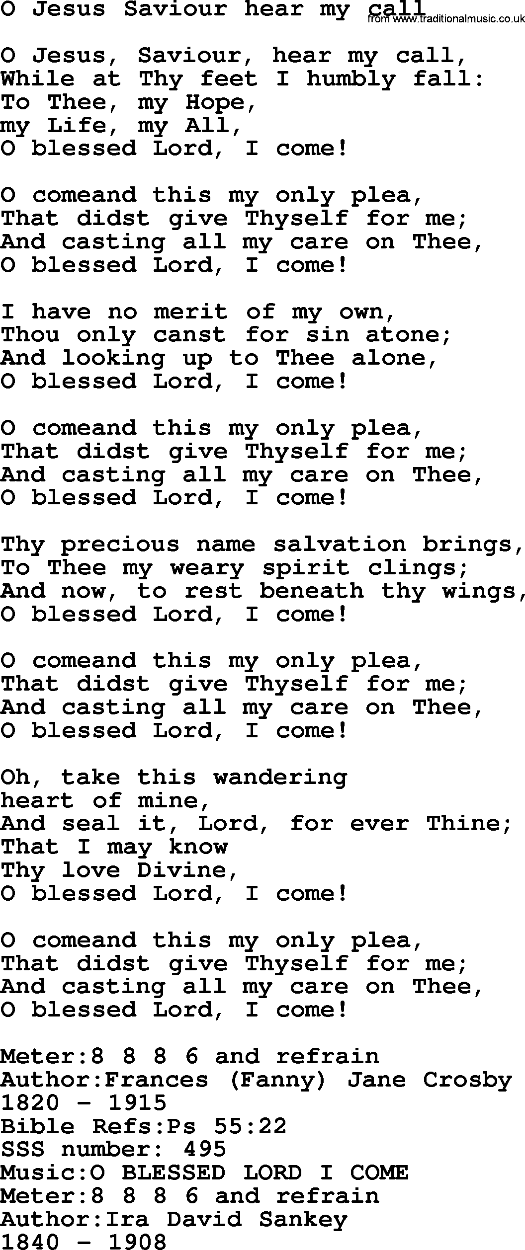 Sacred Songs and Solos complete, 1200 Hymns, title: O Jesus Saviour Hear My Call, lyrics and PDF
