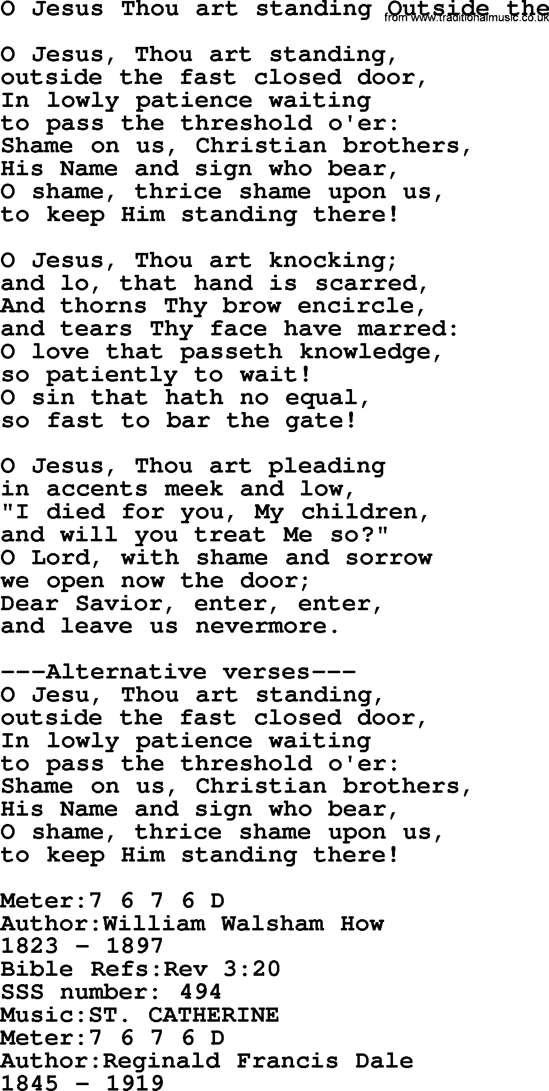 Sacred Songs and Solos complete, 1200 Hymns, title: O Jesus Thou Art Standing Outside The, lyrics and PDF