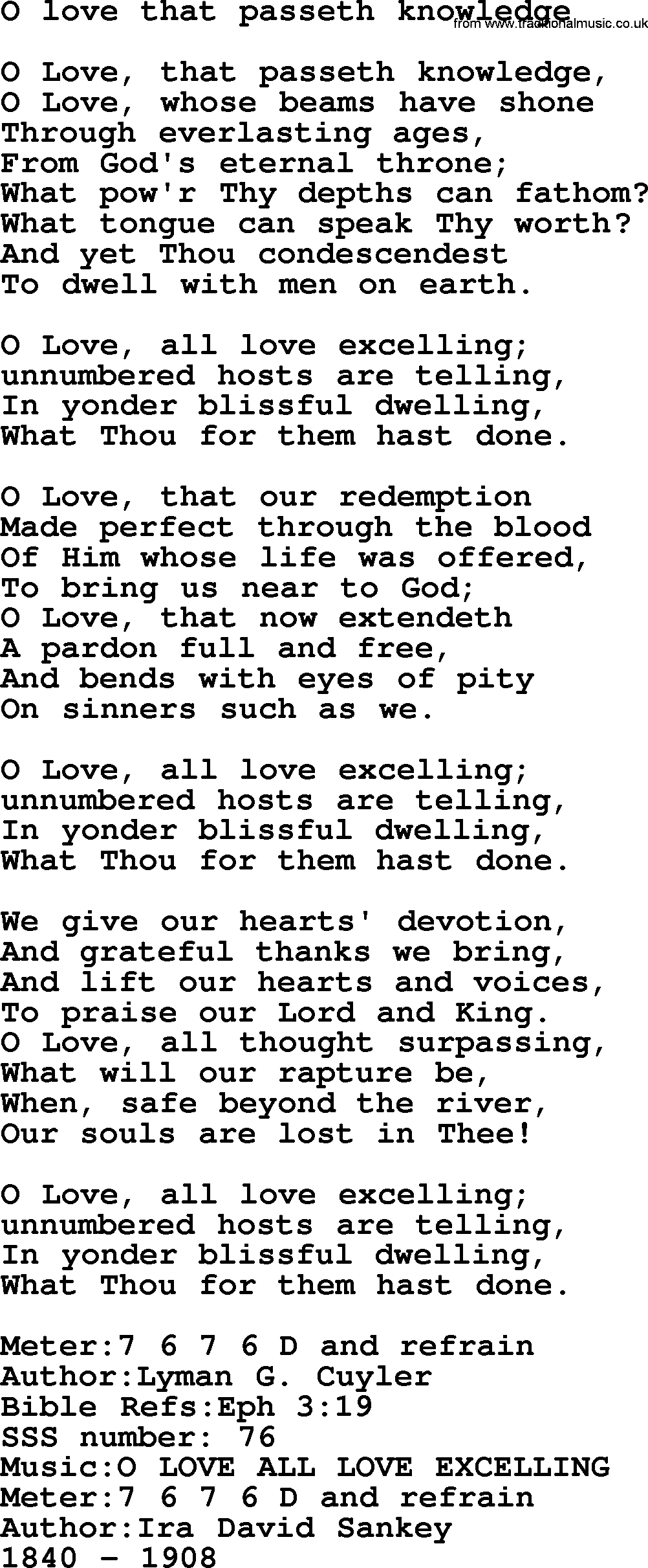 Sacred Songs and Solos complete, 1200 Hymns, title: O Love That Passeth Knowledge, lyrics and PDF