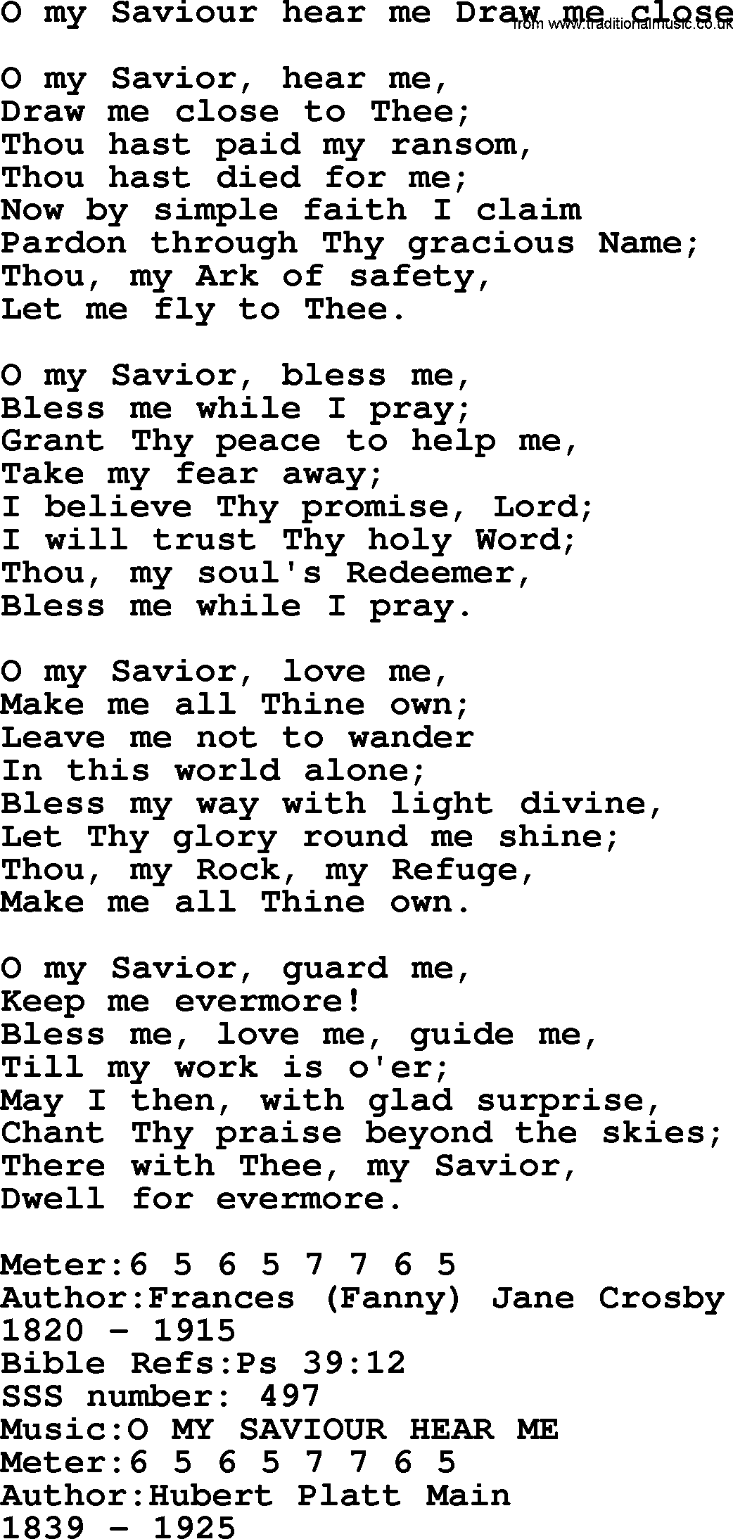 Sacred Songs and Solos complete, 1200 Hymns, title: O My Saviour Hear Me Draw Me Close, lyrics and PDF