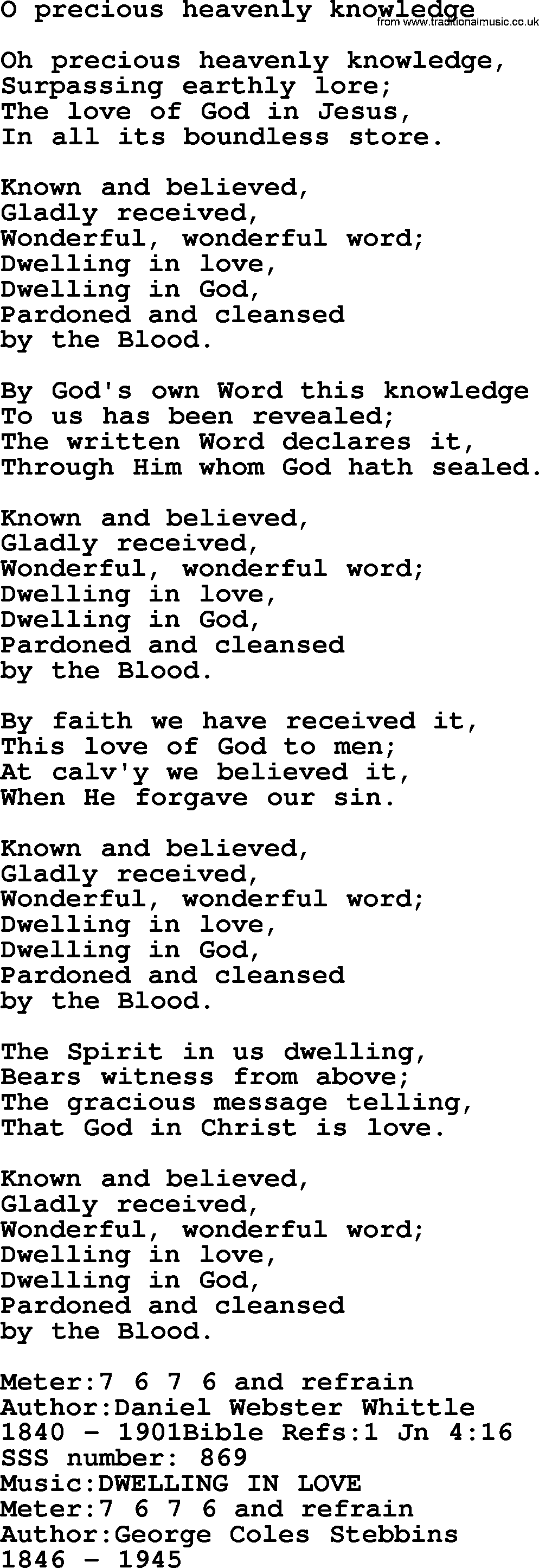Sacred Songs and Solos complete, 1200 Hymns, title: O Precious Heavenly Knowledge, lyrics and PDF