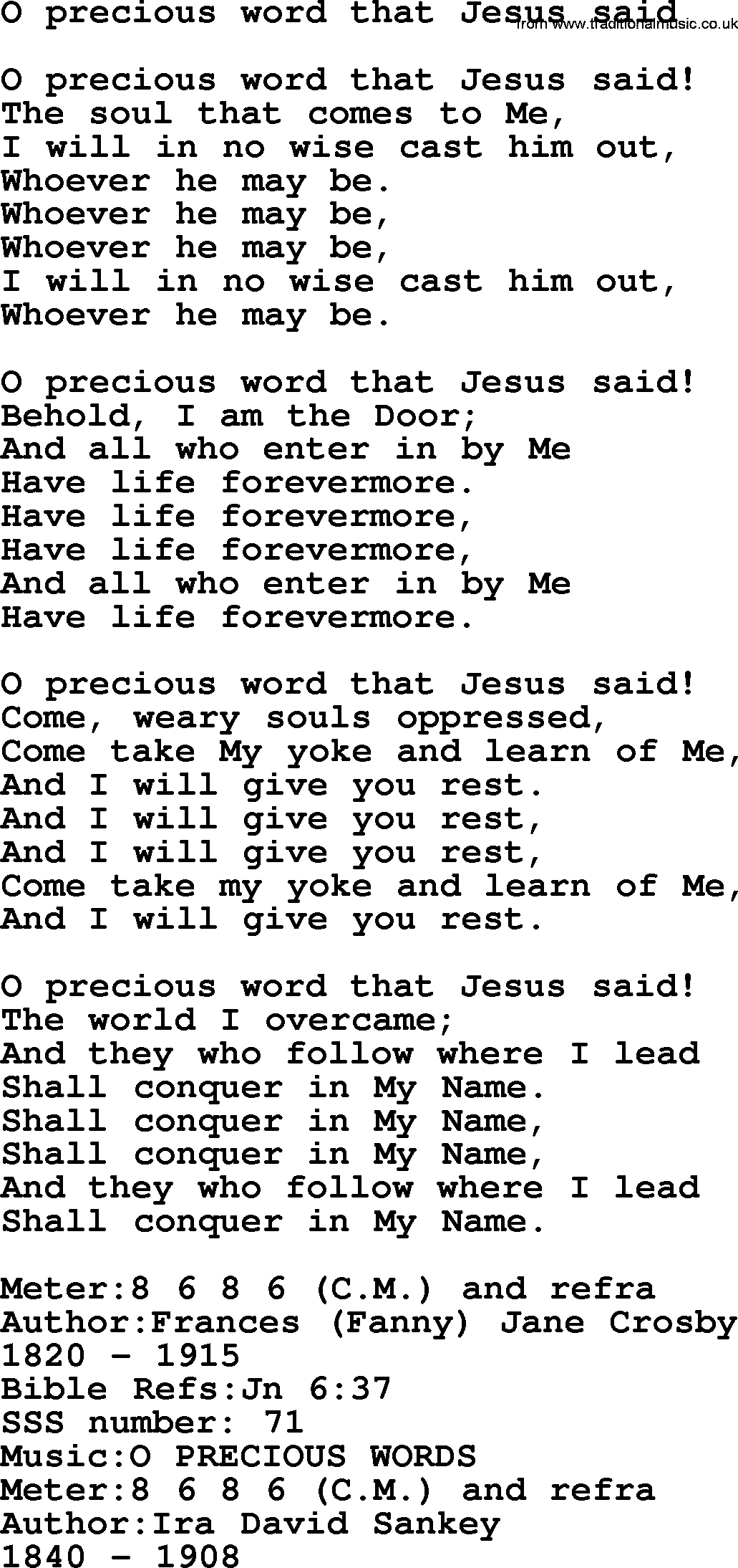 Sacred Songs and Solos complete, 1200 Hymns, title: O Precious Word That Jesus Said, lyrics and PDF