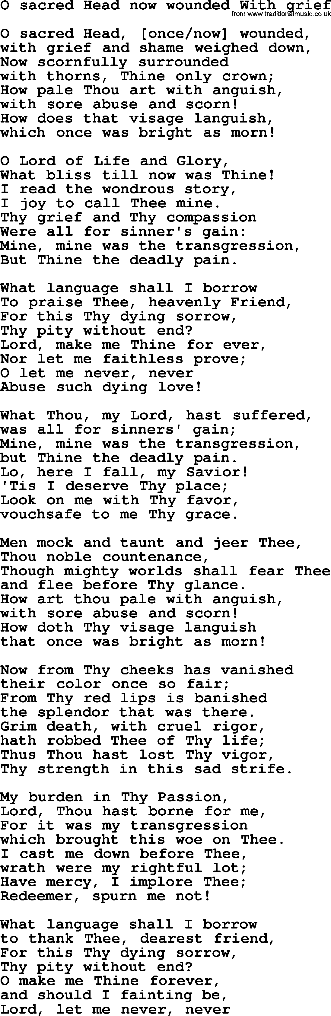 Sacred Songs and Solos complete, 1200 Hymns, title: O Sacred Head Now Wounded With Grief, lyrics and PDF