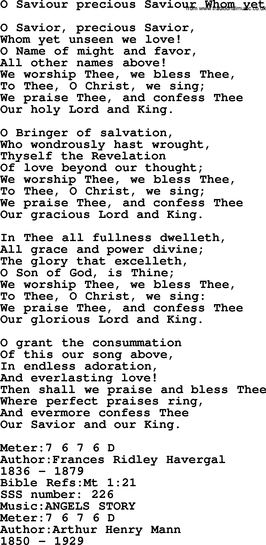 Sacred Songs and Solos complete, 1200 Hymns, title: O Saviour Precious Saviour Whom Yet, lyrics and PDF