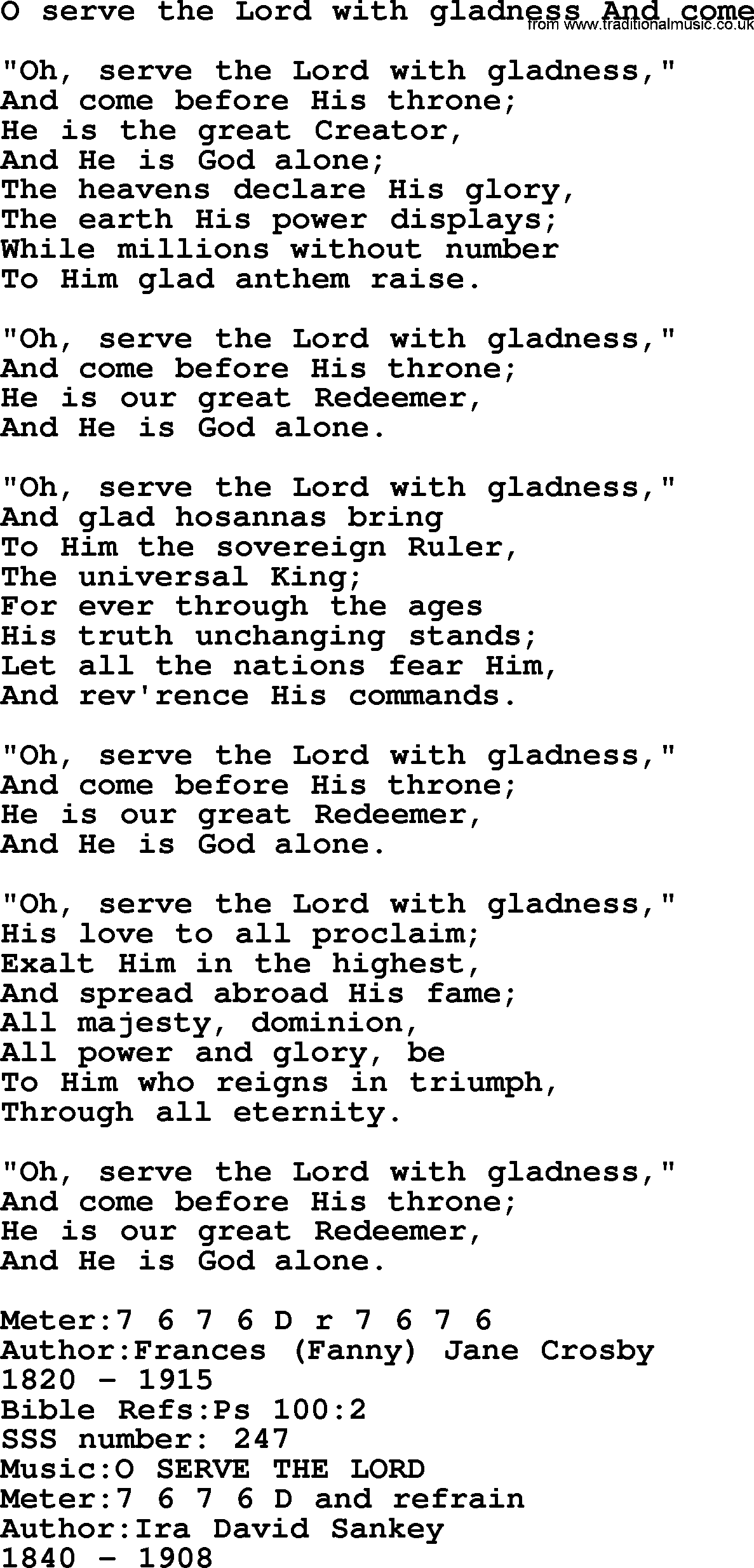 Sacred Songs and Solos complete, 1200 Hymns, title: O Serve The Lord With Gladness And Come, lyrics and PDF